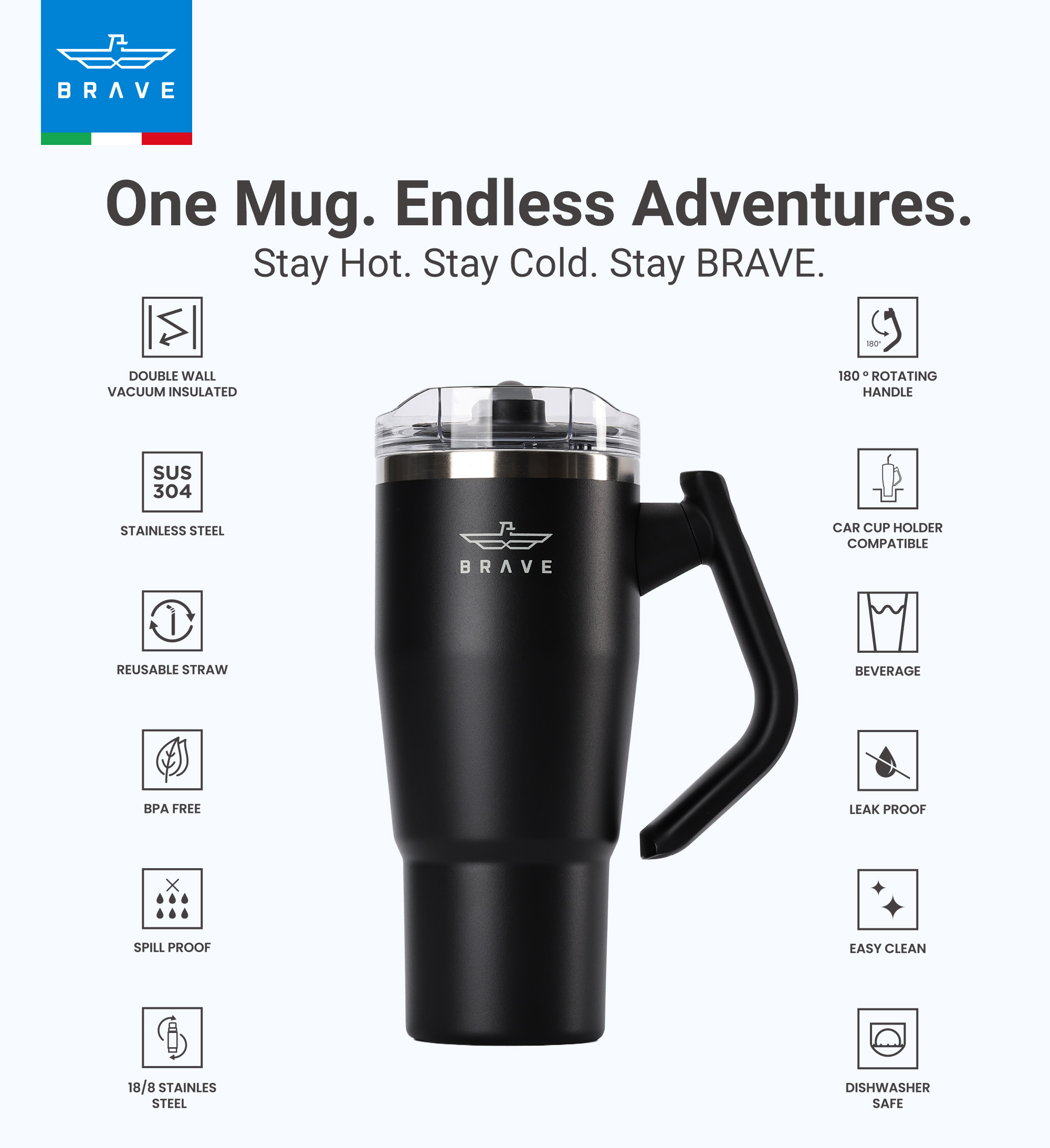 Brave Temp Guard Vacuum Insulated Travel Mug – 180° Rotating Handle, 24H Cold & 12H Hot Retention, Leak-Proof Lid, 950ml - Black