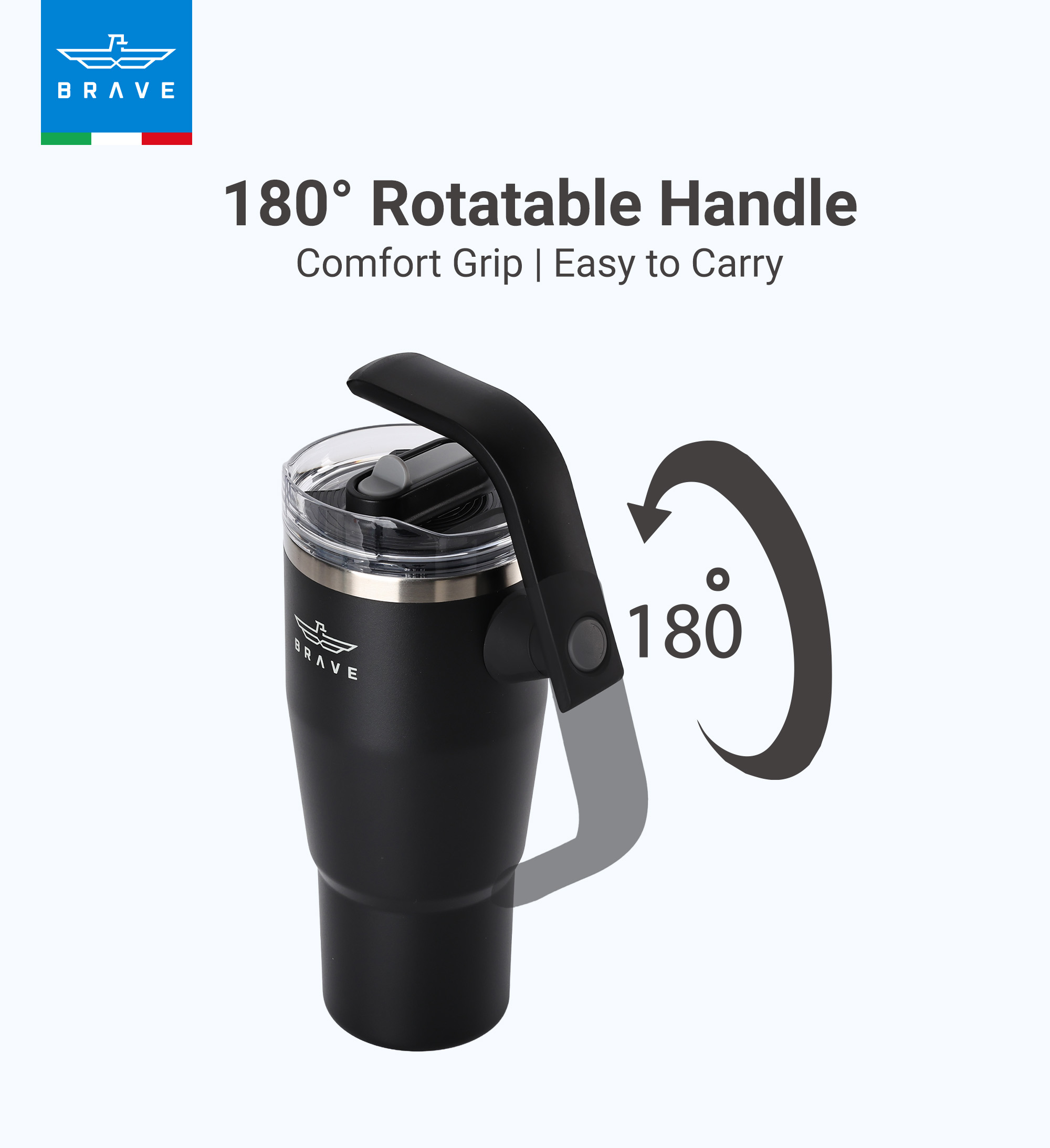 Brave Temp Guard Vacuum Insulated Travel Mug – 180° Rotating Handle, 24H Cold & 12H Hot Retention, Leak-Proof Lid, 950ml - Black