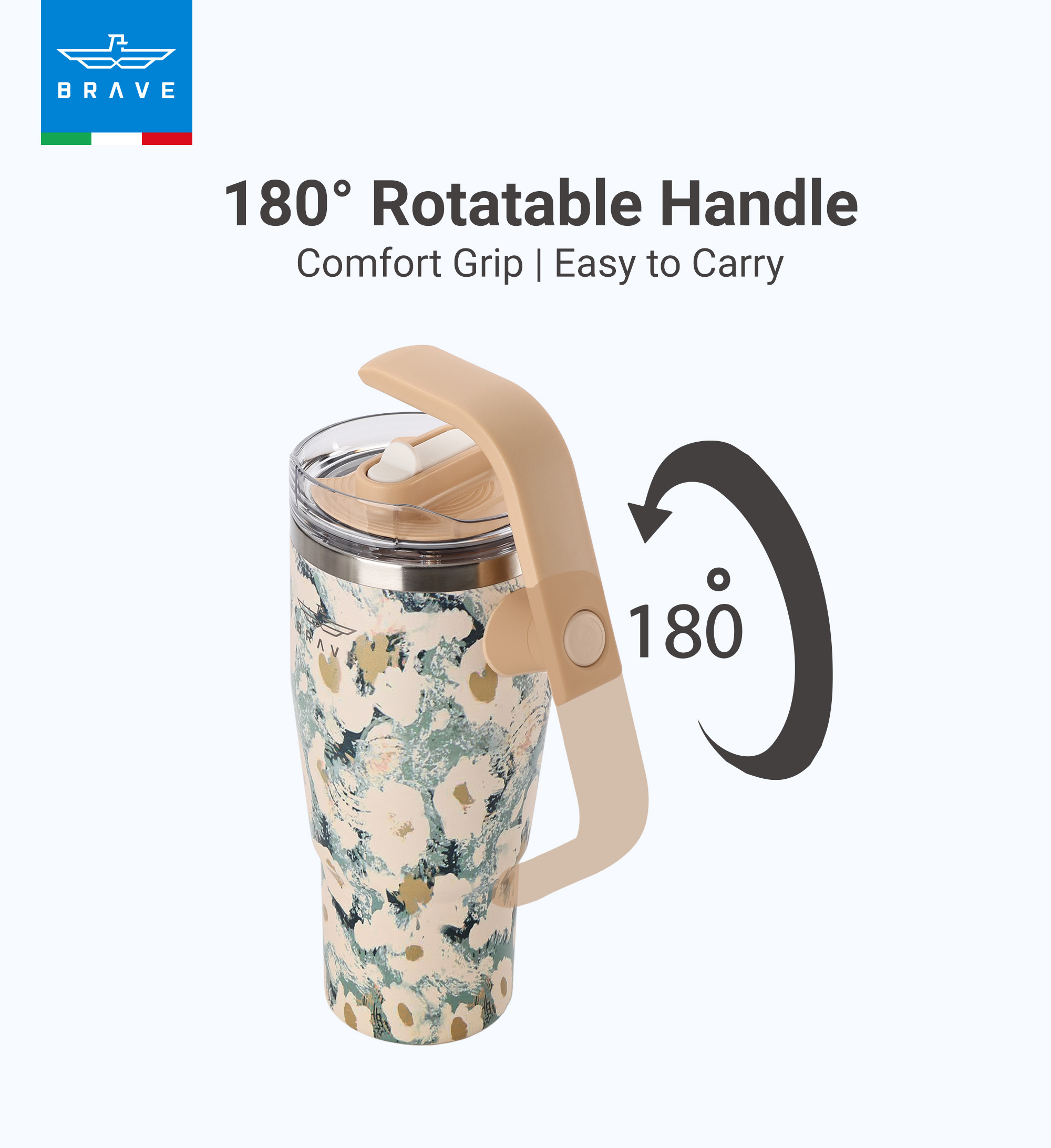 Brave Temp Guard Vacuum Insulated Travel Mug – 180° Rotating Handle, 24H Cold & 12H Hot Retention, Leak-Proof Lid, 950ml - Yellow Rose