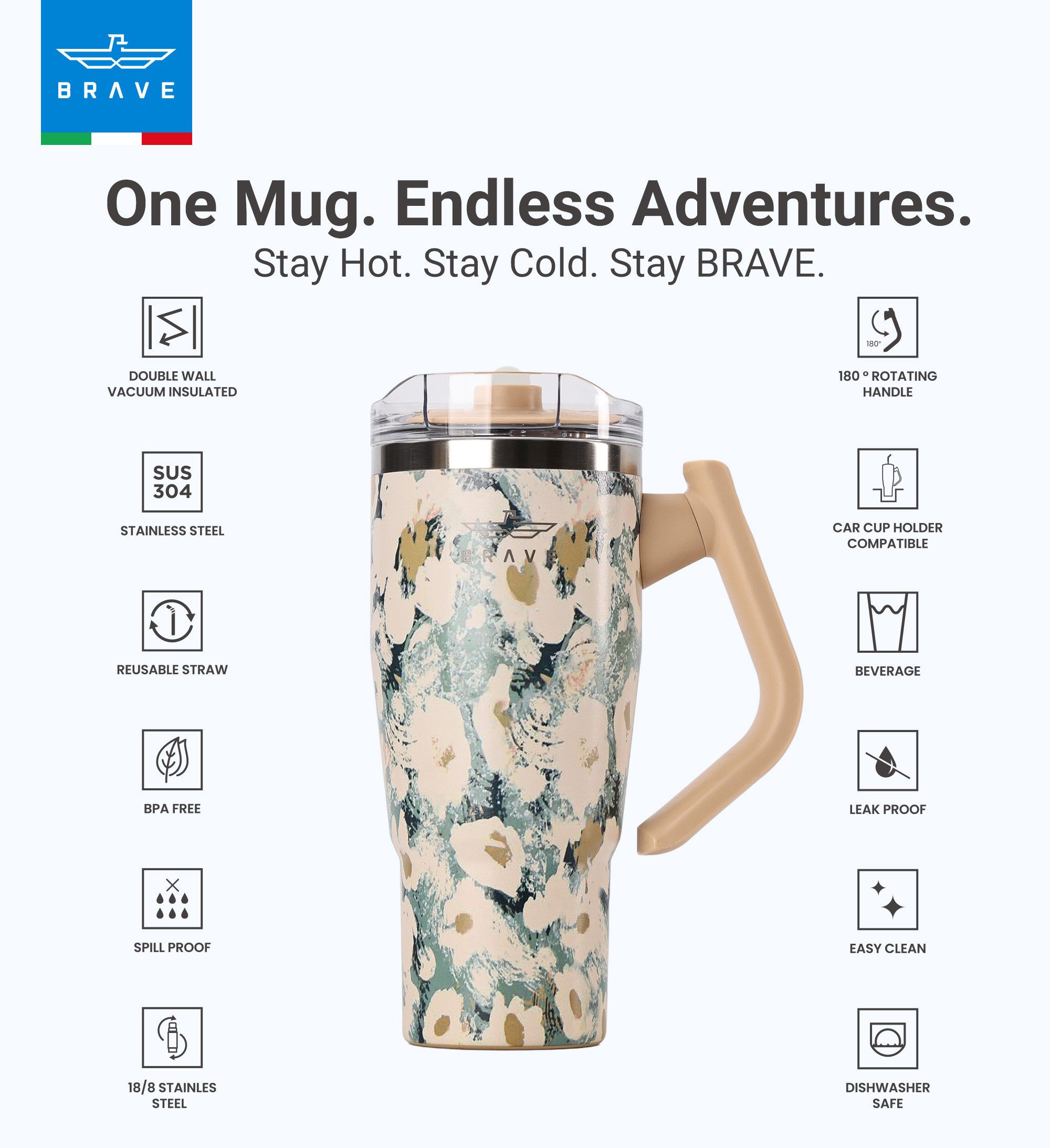 Brave Temp Guard Vacuum Insulated Travel Mug – 180° Rotating Handle, 24H Cold & 12H Hot Retention, Leak-Proof Lid, 950ml - Yellow Rose