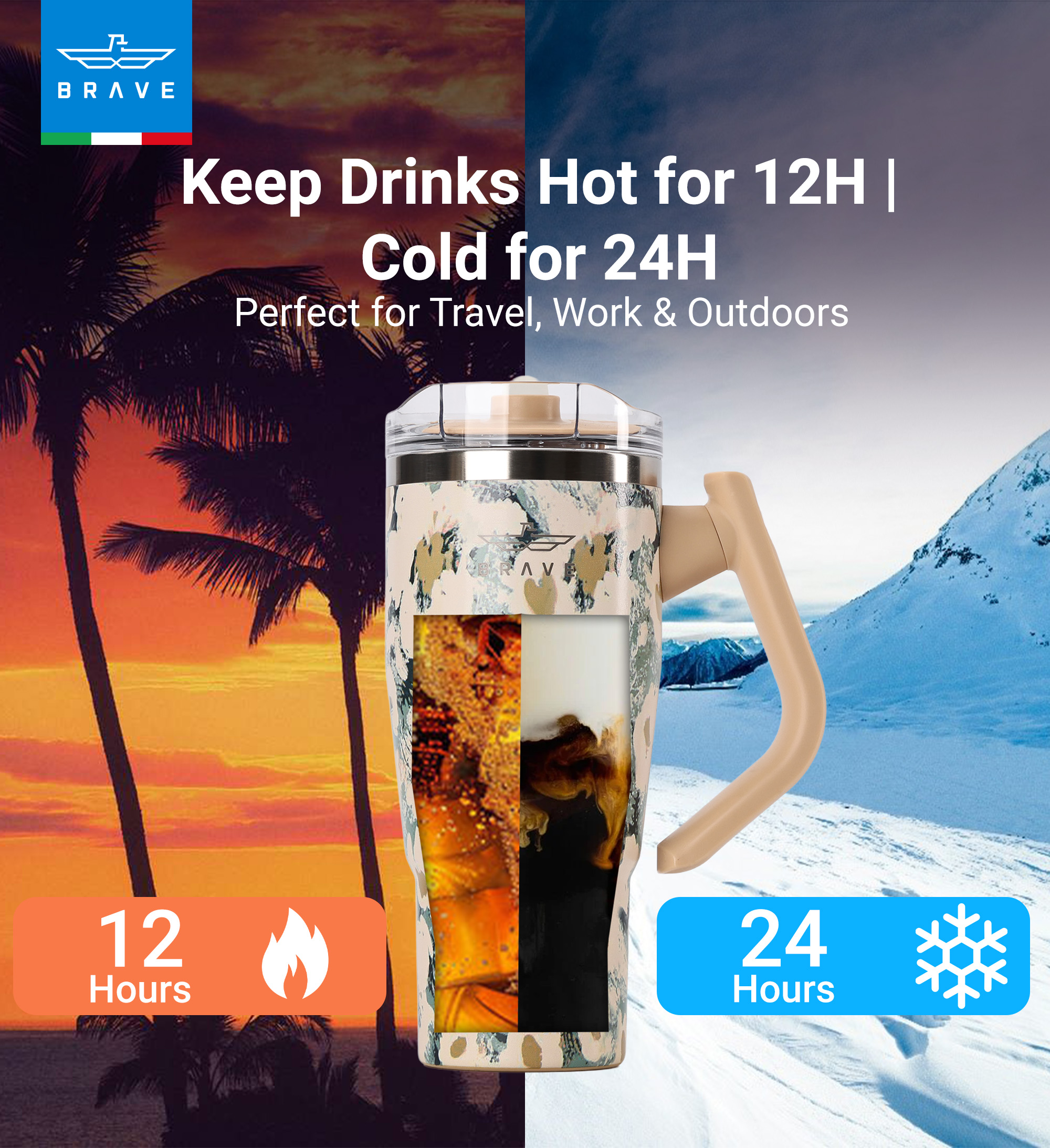 Brave Temp Guard Vacuum Insulated Travel Mug – 180° Rotating Handle, 24H Cold & 12H Hot Retention, Leak-Proof Lid, 950ml - Yellow Rose