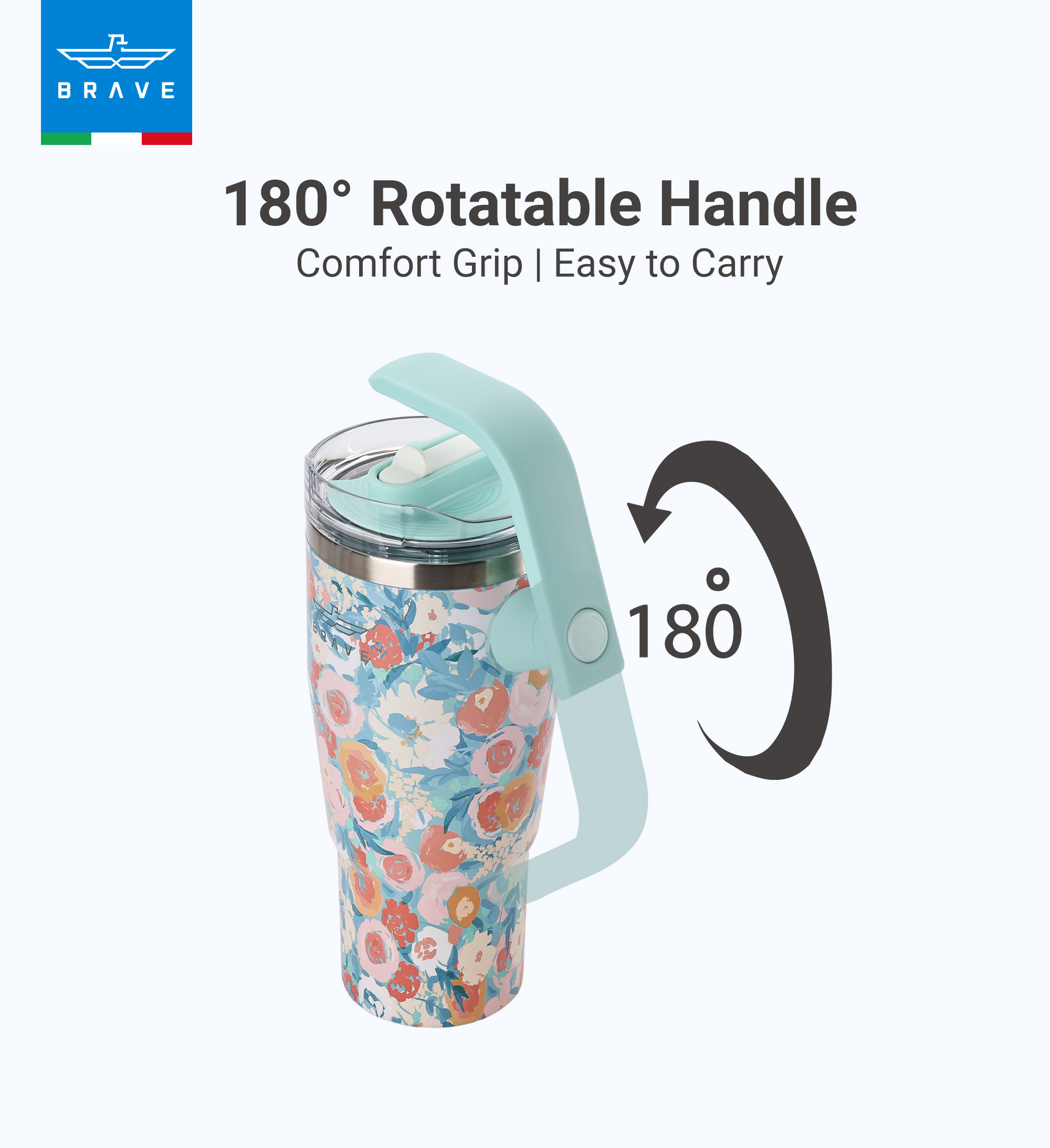 Brave Temp Guard Vacuum Insulated Travel Mug – 180° Rotating Handle, 24H Cold & 12H Hot Retention, Leak-Proof Lid, 950ml - Green Rose