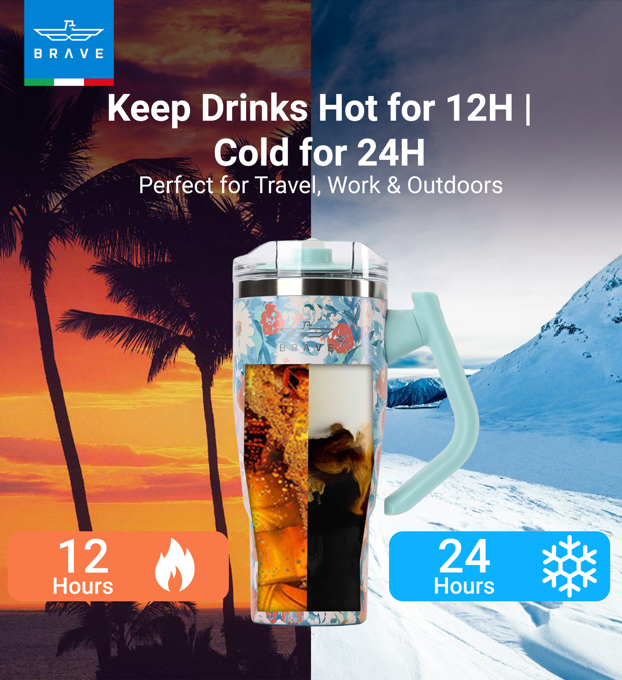 Brave Temp Guard Vacuum Insulated Travel Mug – 180° Rotating Handle, 24H Cold & 12H Hot Retention, Leak-Proof Lid, 950ml - Green Rose