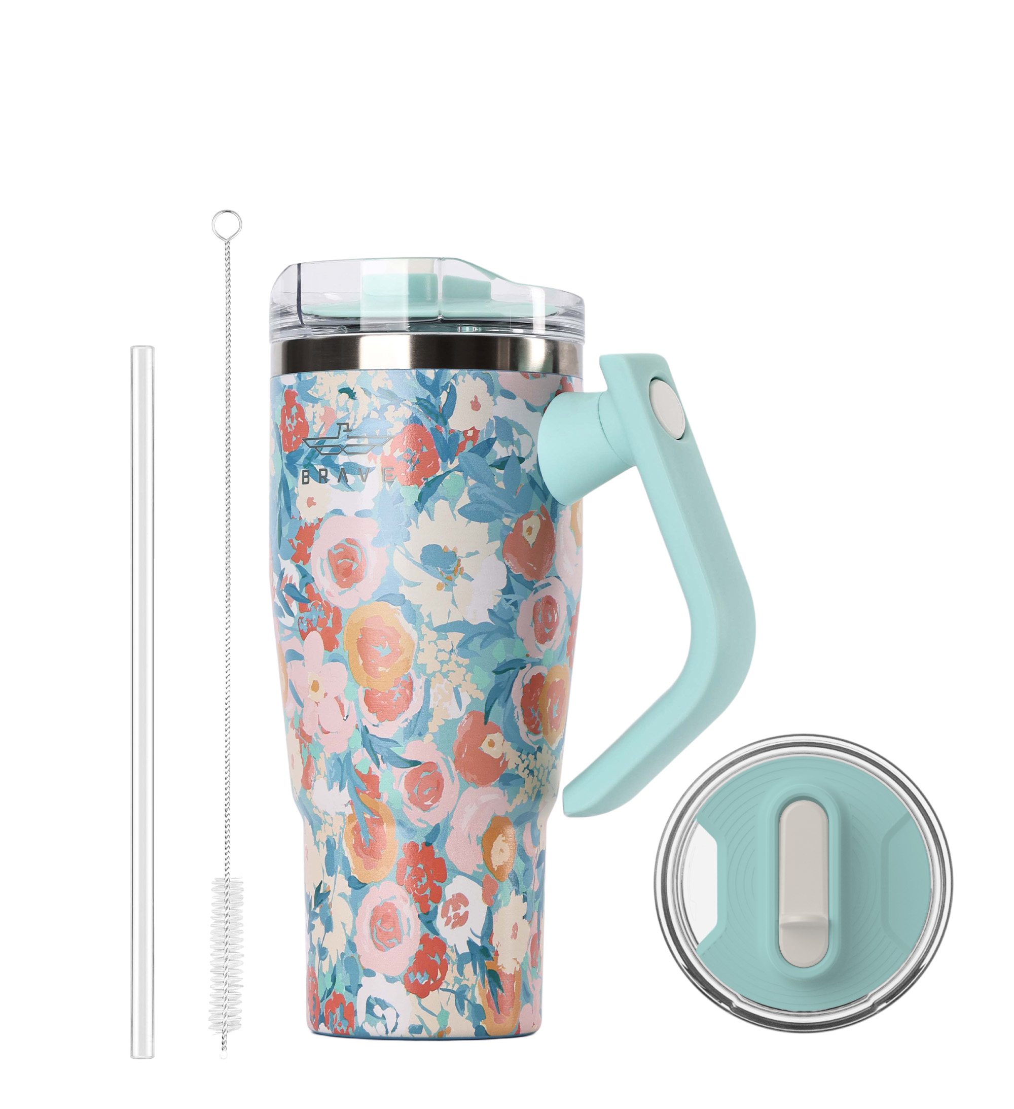 Brave Temp Guard Vacuum Insulated Travel Mug – 180° Rotating Handle, 24H Cold & 12H Hot Retention, Leak-Proof Lid, 950ml - Green Rose