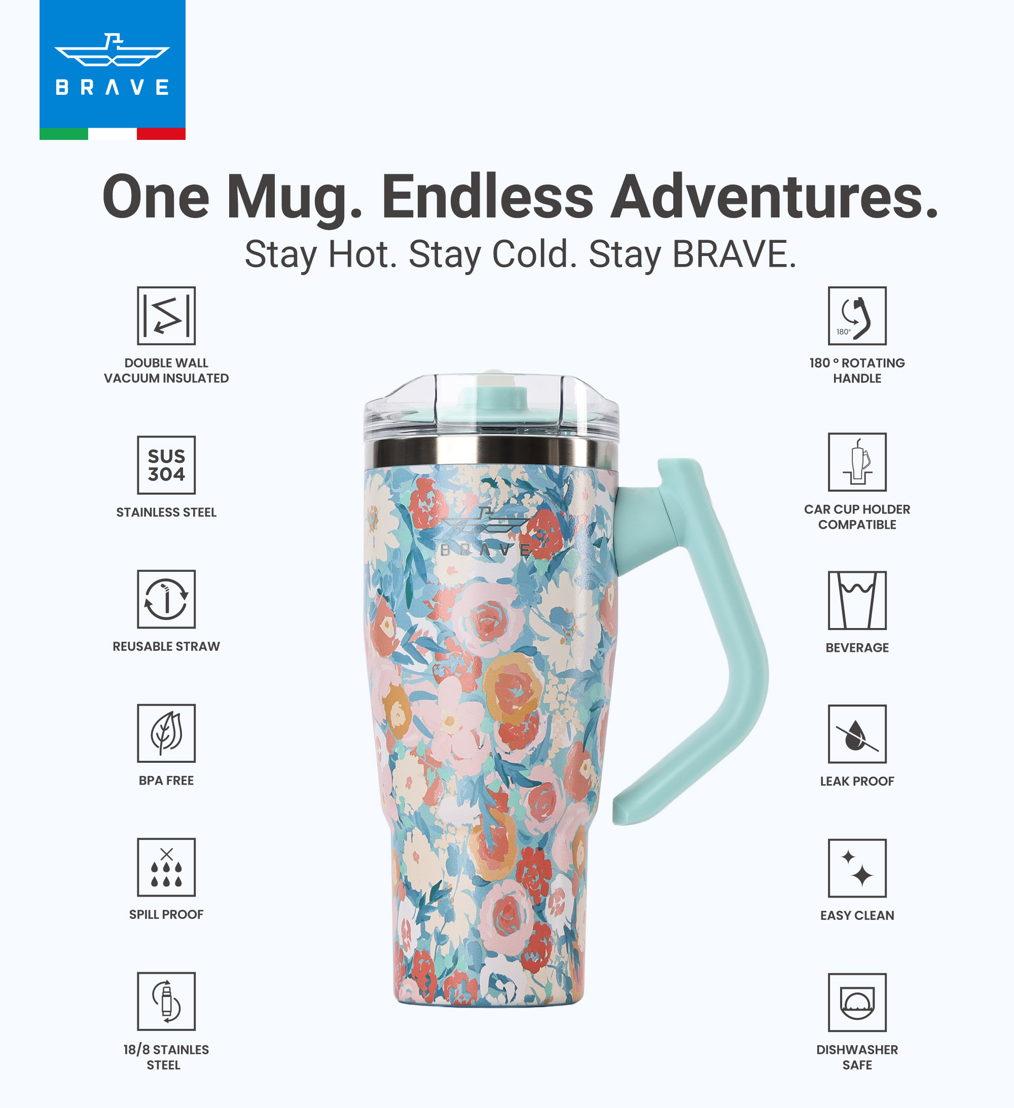 Brave Temp Guard Vacuum Insulated Travel Mug – 180° Rotating Handle, 24H Cold & 12H Hot Retention, Leak-Proof Lid, 950ml - Green Rose