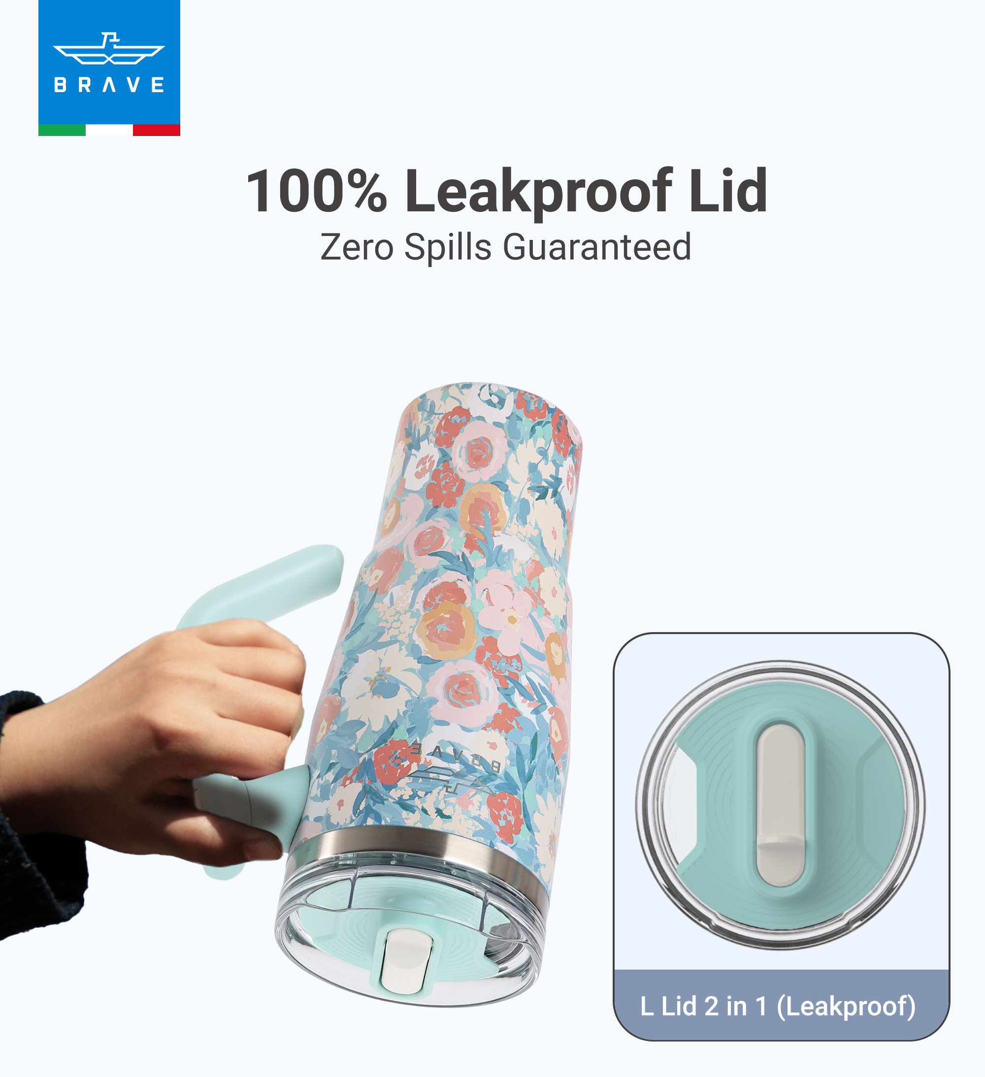 Brave Temp Guard Vacuum Insulated Travel Mug – 180° Rotating Handle, 24H Cold & 12H Hot Retention, Leak-Proof Lid, 950ml - Green Rose