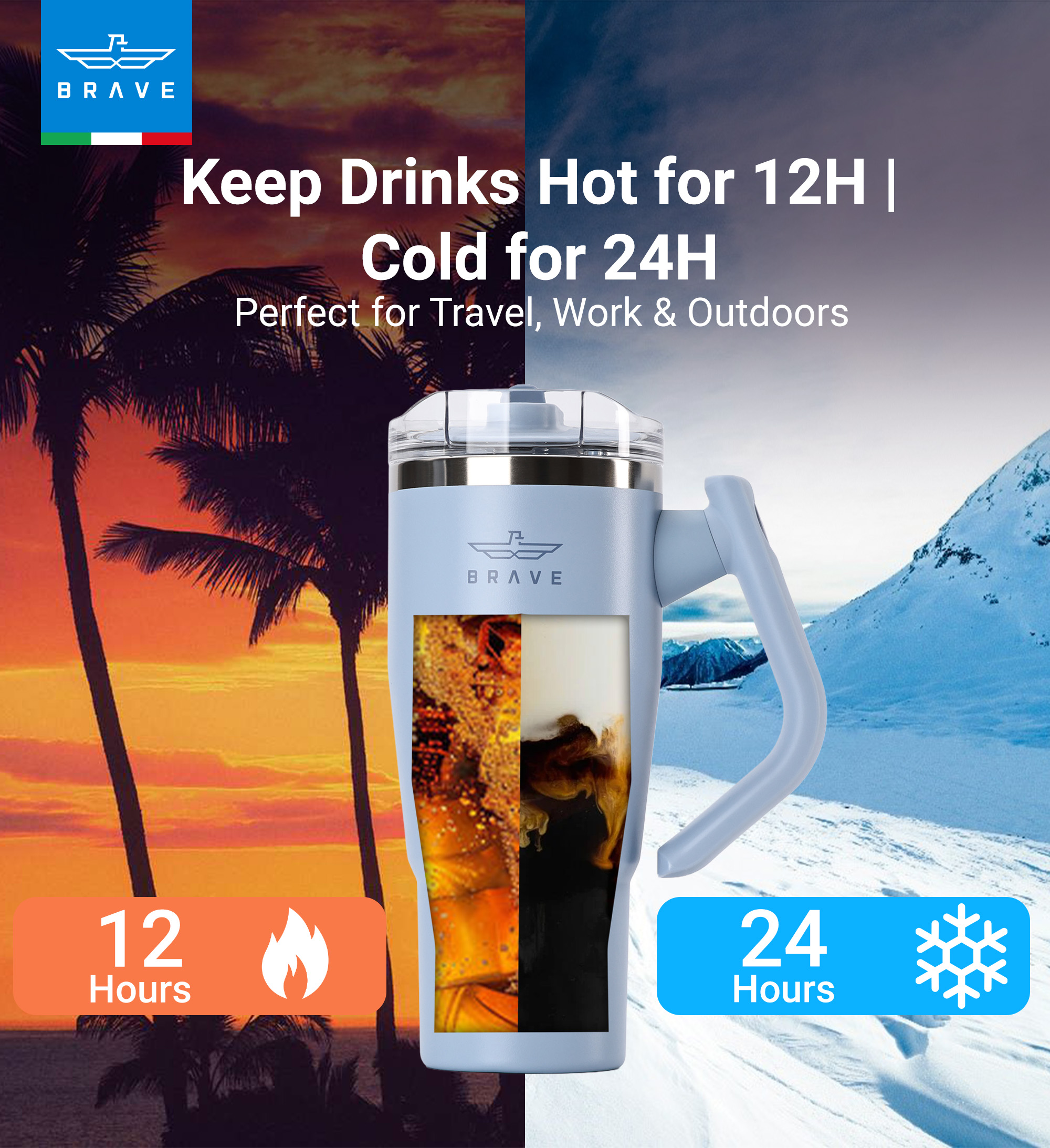 Brave Temp Guard Vacuum Insulated Travel Mug – 180° Rotating Handle, 24H Cold & 12H Hot Retention, Leak-Proof Lid, 950ml - Sky Blue