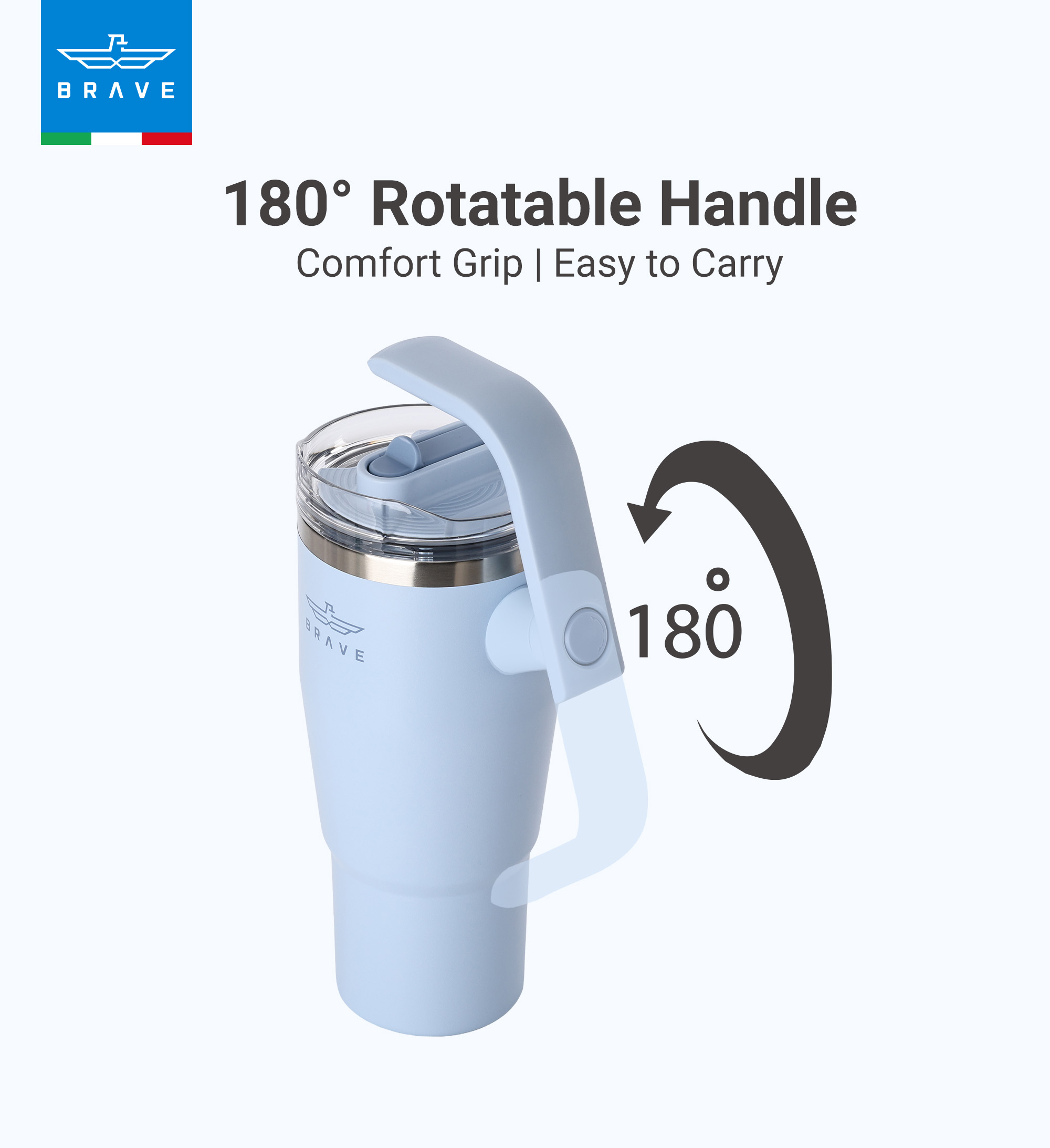 Brave Temp Guard Vacuum Insulated Travel Mug – 180° Rotating Handle, 24H Cold & 12H Hot Retention, Leak-Proof Lid, 950ml - Sky Blue