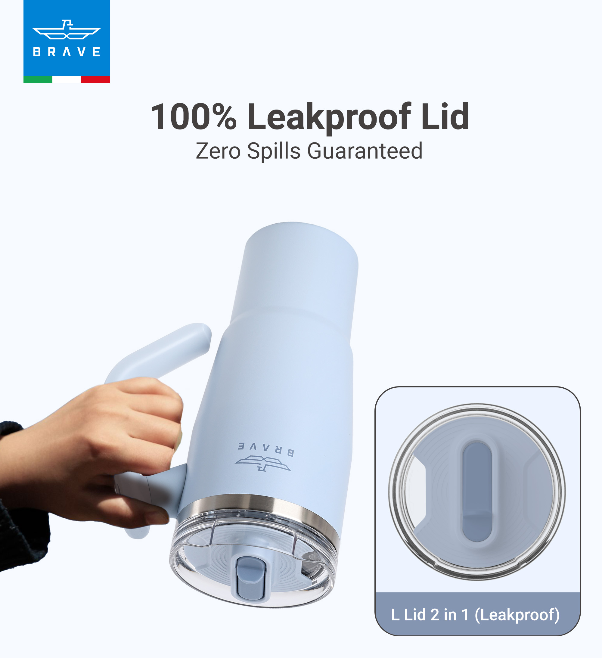 Brave Temp Guard Vacuum Insulated Travel Mug – 180° Rotating Handle, 24H Cold & 12H Hot Retention, Leak-Proof Lid, 950ml - Sky Blue