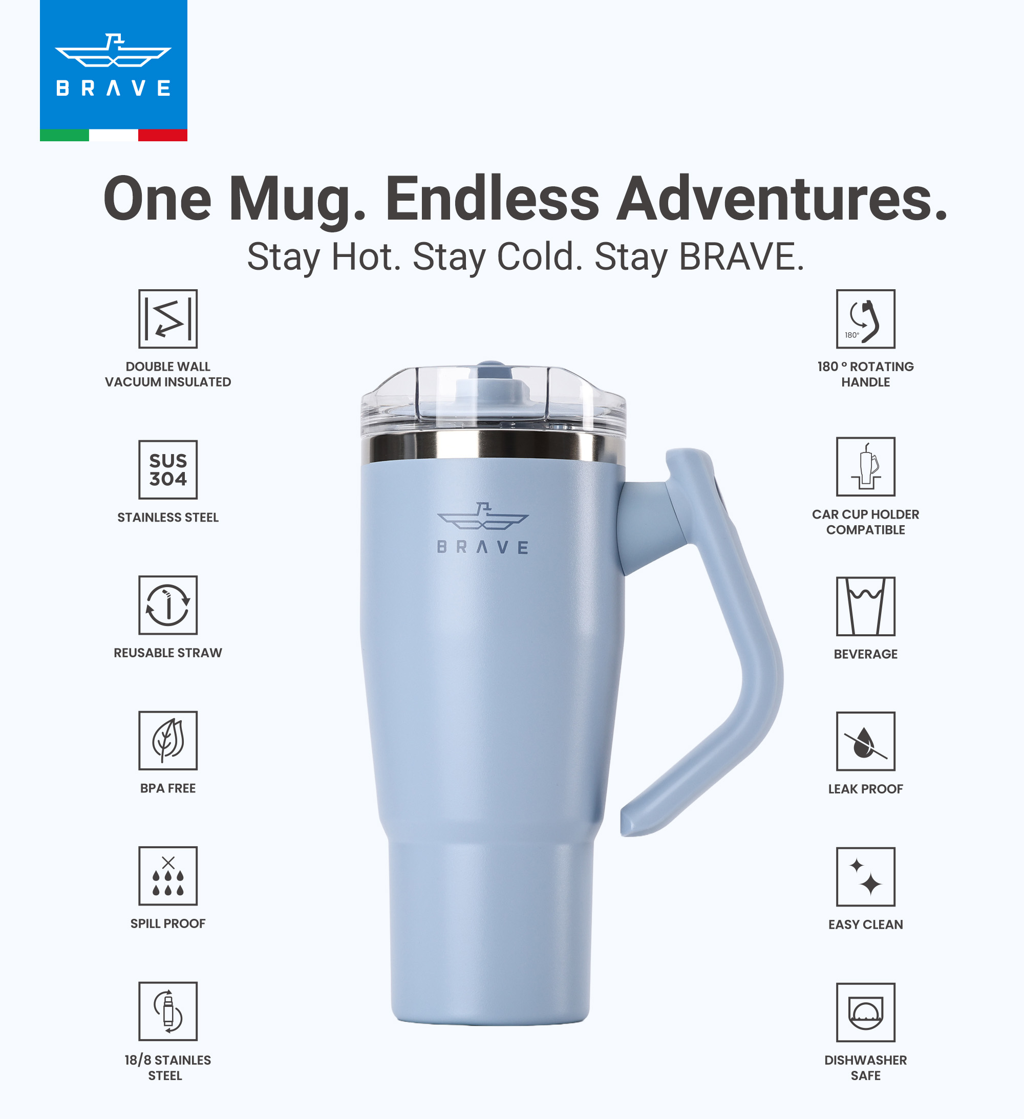 Brave Temp Guard Vacuum Insulated Travel Mug – 180° Rotating Handle, 24H Cold & 12H Hot Retention, Leak-Proof Lid, 950ml - Sky Blue