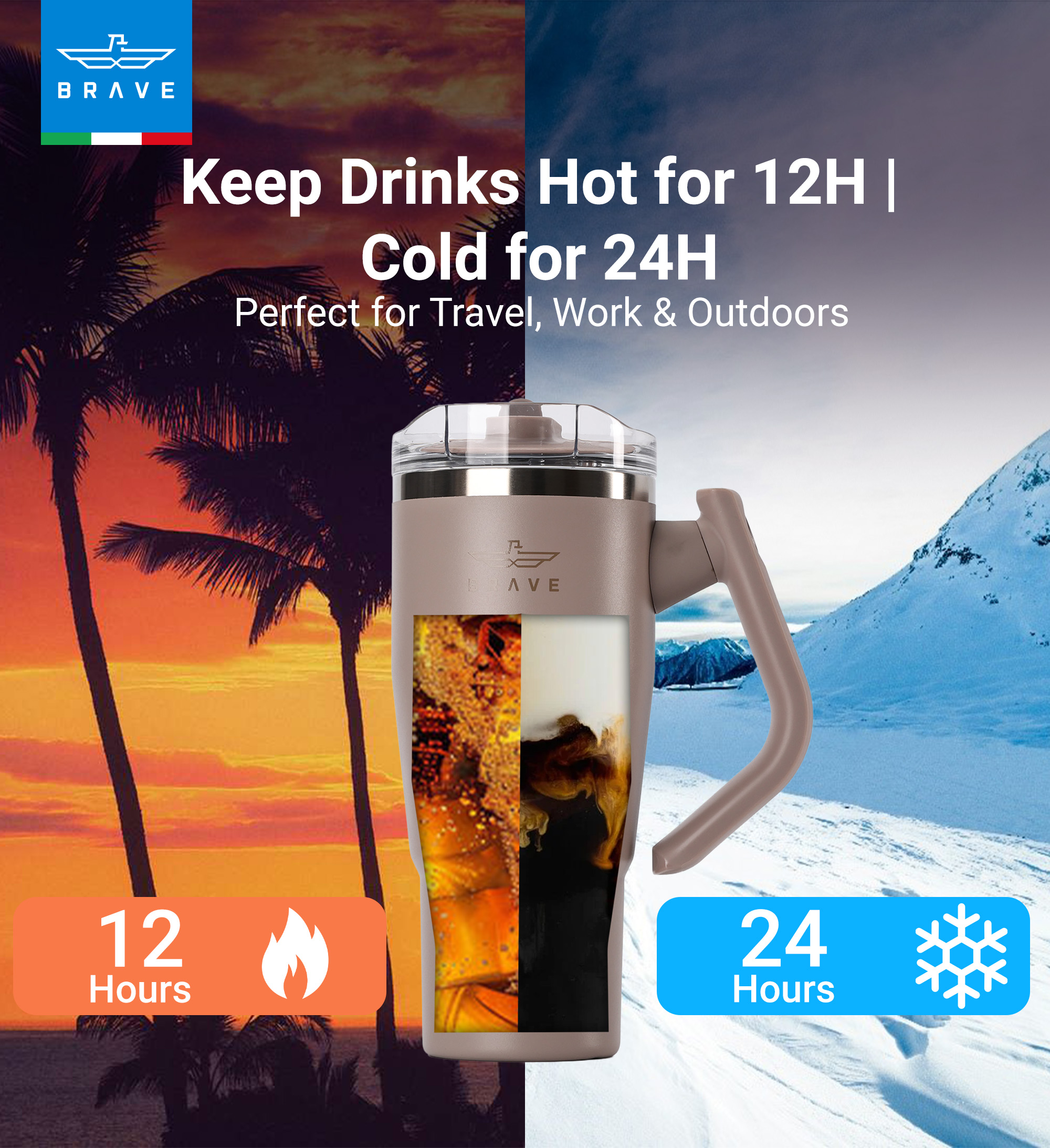 Brave Temp Guard Vacuum Insulated Travel Mug – 180° Rotating Handle, 24H Cold & 12H Hot Retention, Leak-Proof Lid, 950ml - Dark Coffee