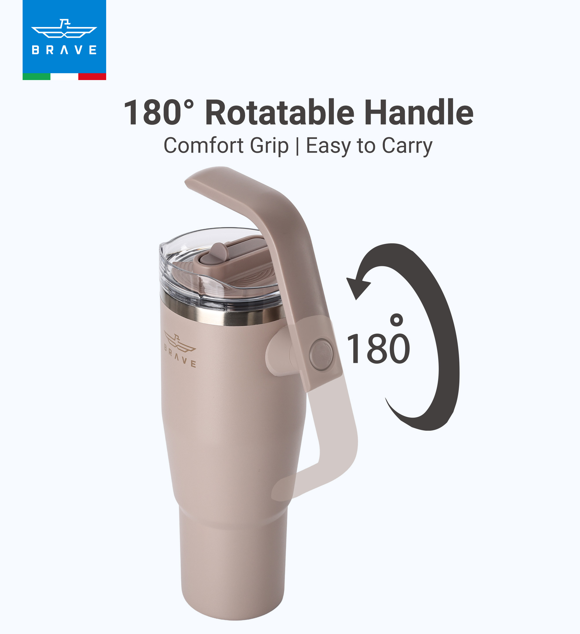 Brave Temp Guard Vacuum Insulated Travel Mug – 180° Rotating Handle, 24H Cold & 12H Hot Retention, Leak-Proof Lid, 950ml - Dark Coffee