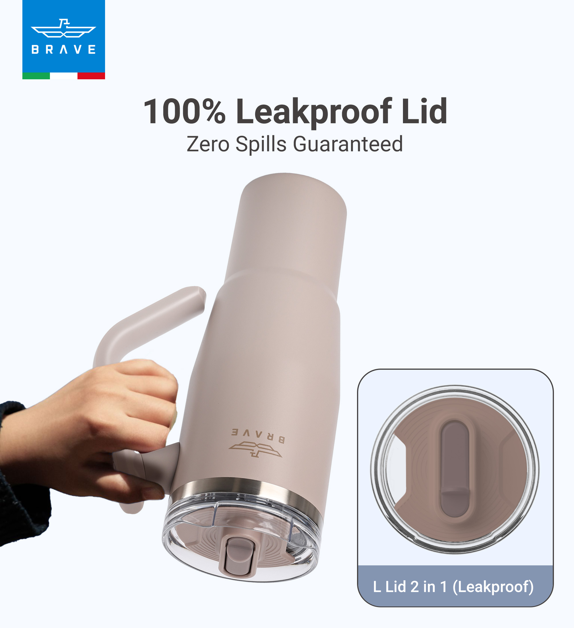 Brave Temp Guard Vacuum Insulated Travel Mug – 180° Rotating Handle, 24H Cold & 12H Hot Retention, Leak-Proof Lid, 950ml - Dark Coffee