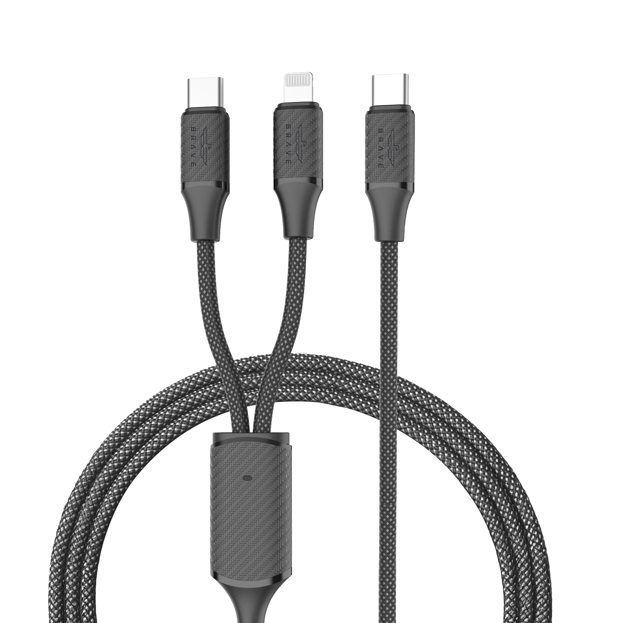 BRAVE BDC-45 2-in-1 USB-C to USB-C & Lightning Cable 60W Fast Charging, Braided for iPhone 16, Samsung, MacBook 1.2M - Black
