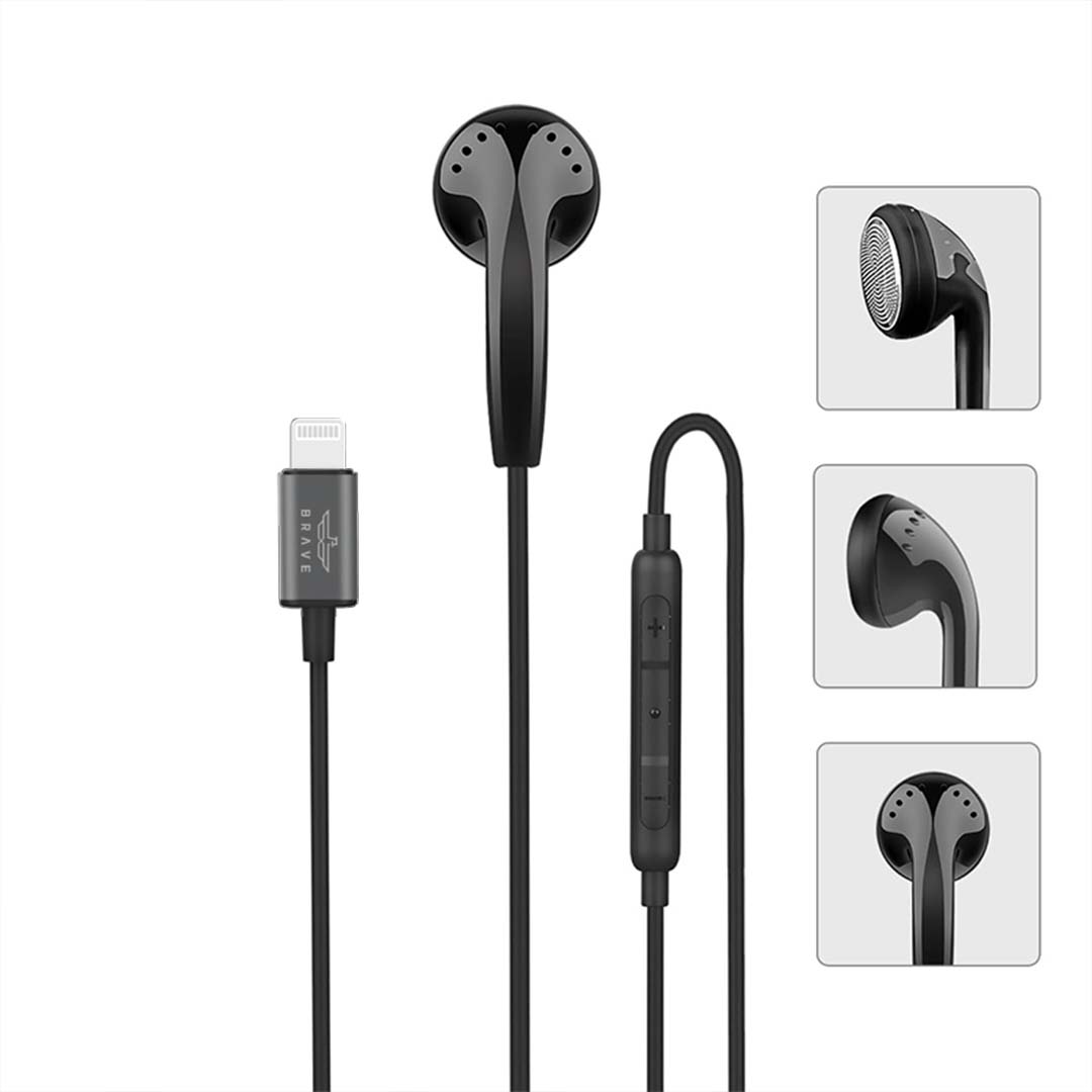 BRAVE Mono Earphone Lightning – MFi Certified, In-Ear Headset with Microphone & Remote for iPhone - Black