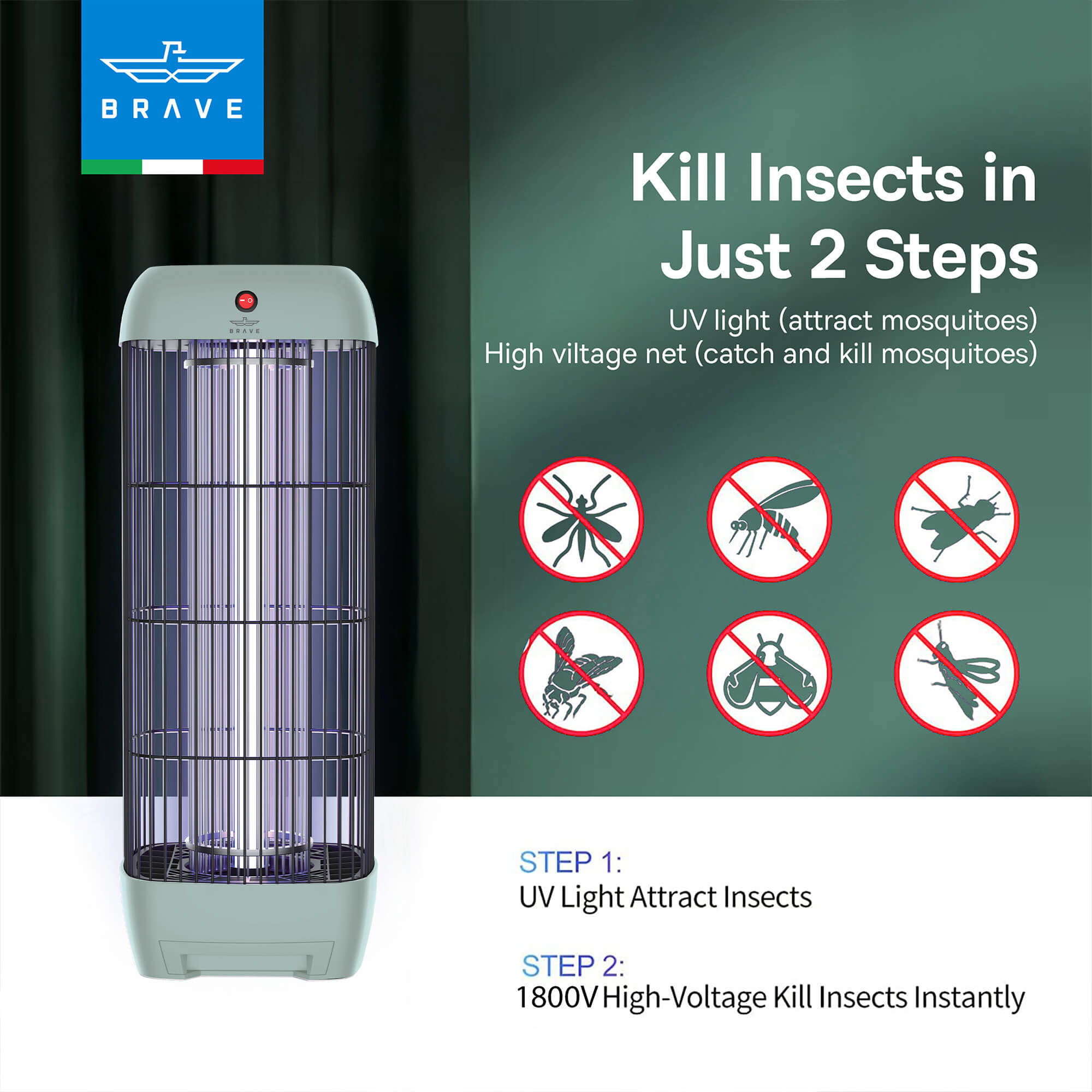 BRAVE Electric Mosquito Killer Bug Zapper with 15W UV Lamp, Powerful Indoor & Outdoor Insect Trap, Quiet, Safe, and Effective for Home, Kitchen, Patio, and Commercial Use - Green