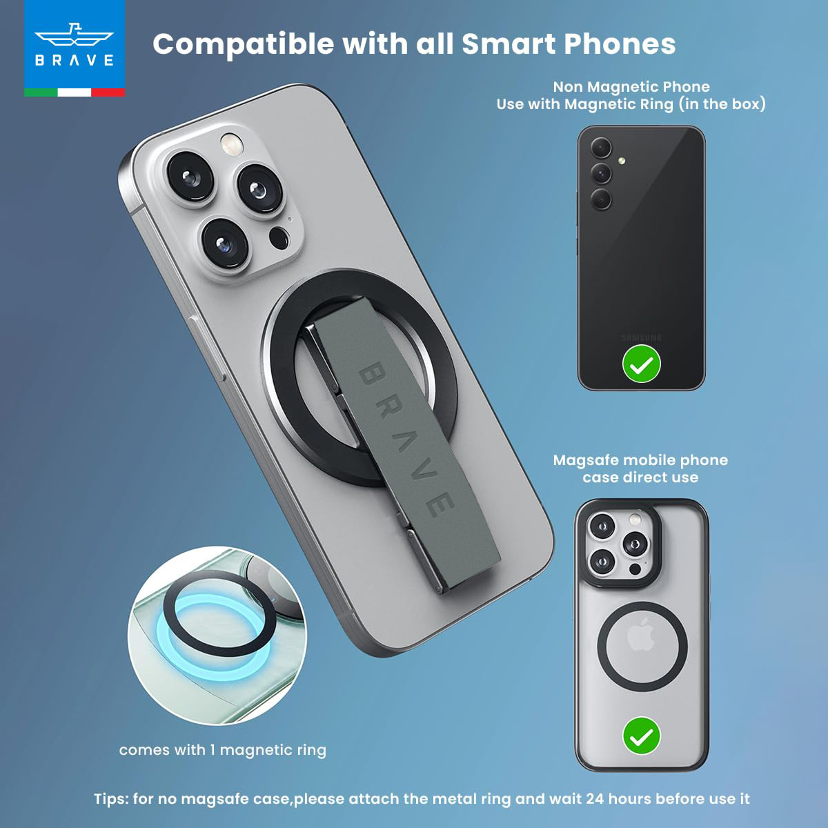 BRAVE MagGrip 3-in-1 Magnetic Phone Grip & Kickstand – 360° Rotatable, MagSafe Compatible, Universal Stand for iPhone & Android - Grey