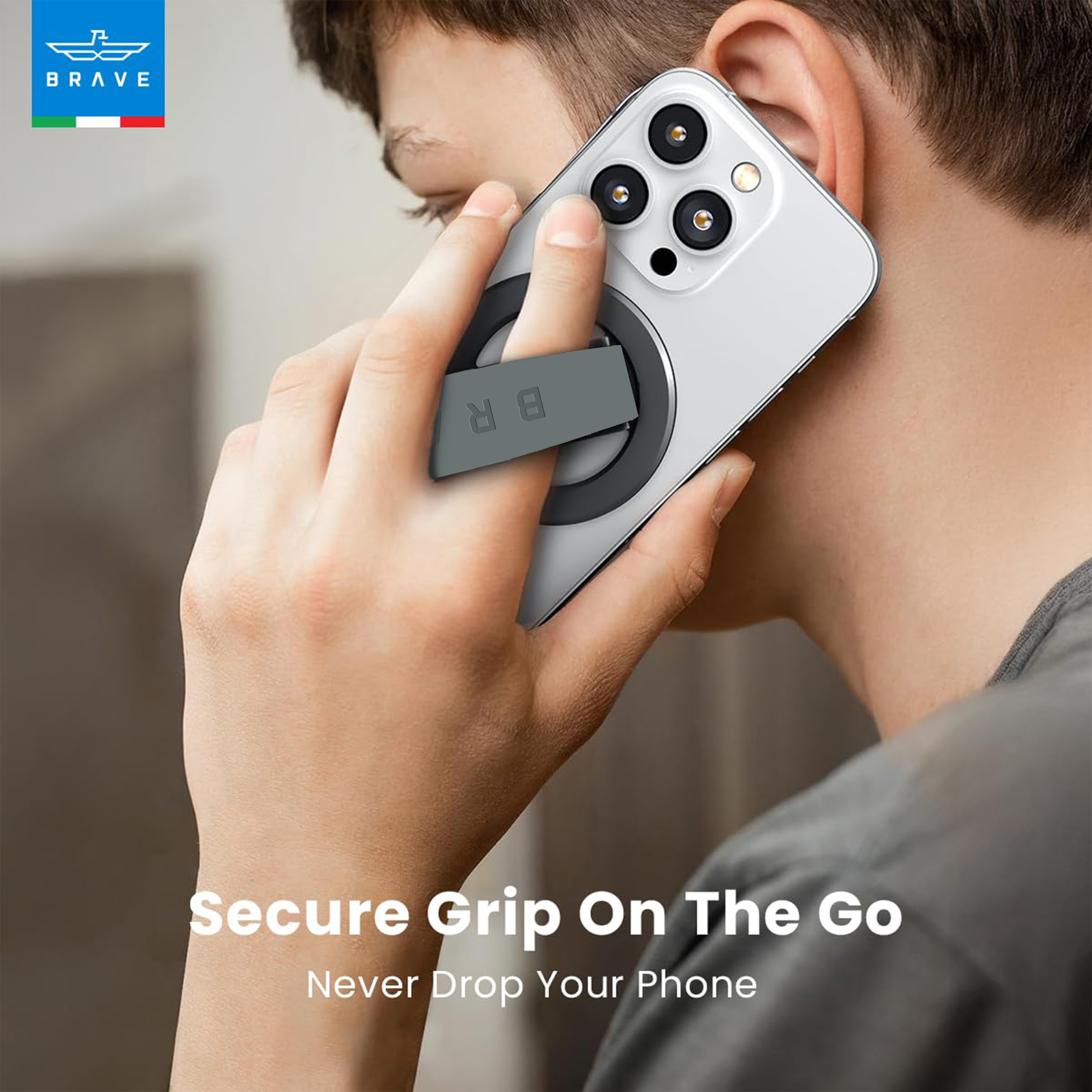 BRAVE MagGrip 3-in-1 Magnetic Phone Grip & Kickstand – 360° Rotatable, MagSafe Compatible, Universal Stand for iPhone & Android - Grey