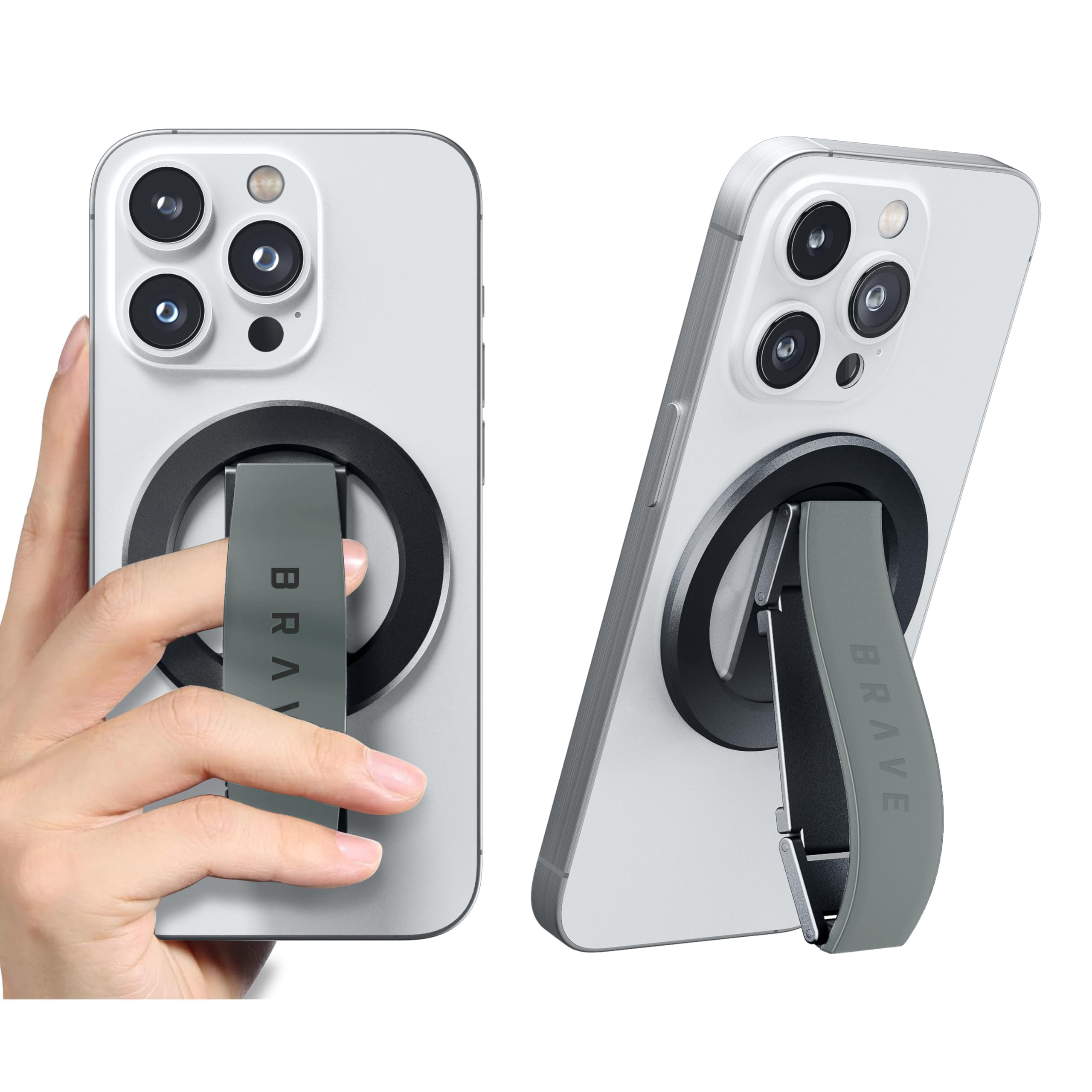 BRAVE MagGrip 3-in-1 Magnetic Phone Grip & Kickstand – 360° Rotatable, MagSafe Compatible, Universal Stand for iPhone & Android - Grey