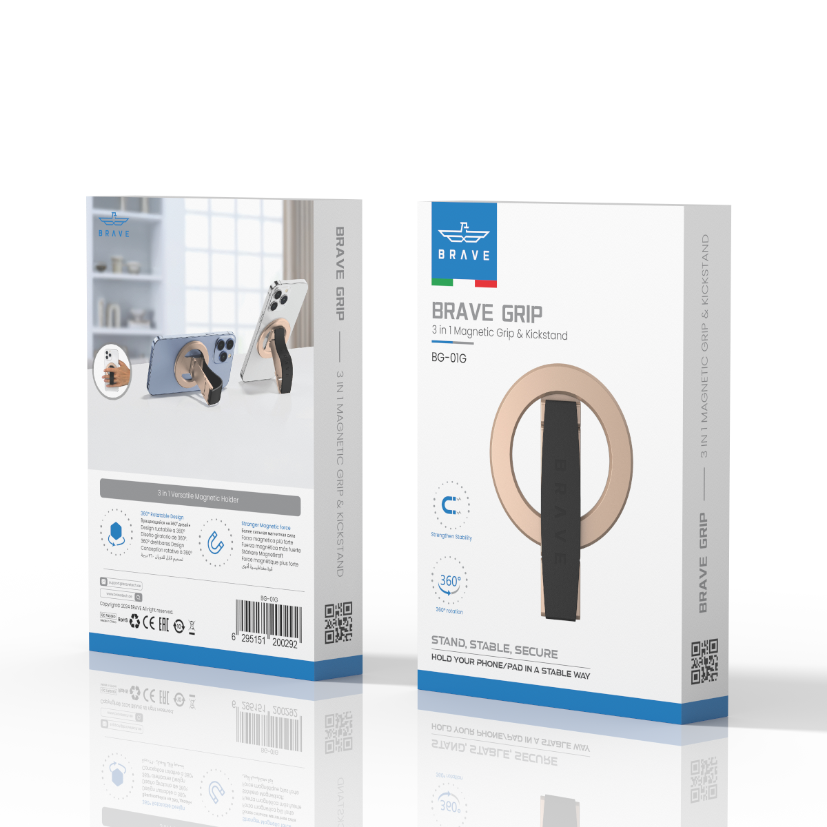 BRAVE MagGrip 3-in-1 Magnetic Phone Grip & Kickstand – 360° Rotatable, MagSafe Compatible, Universal Stand for iPhone & Android