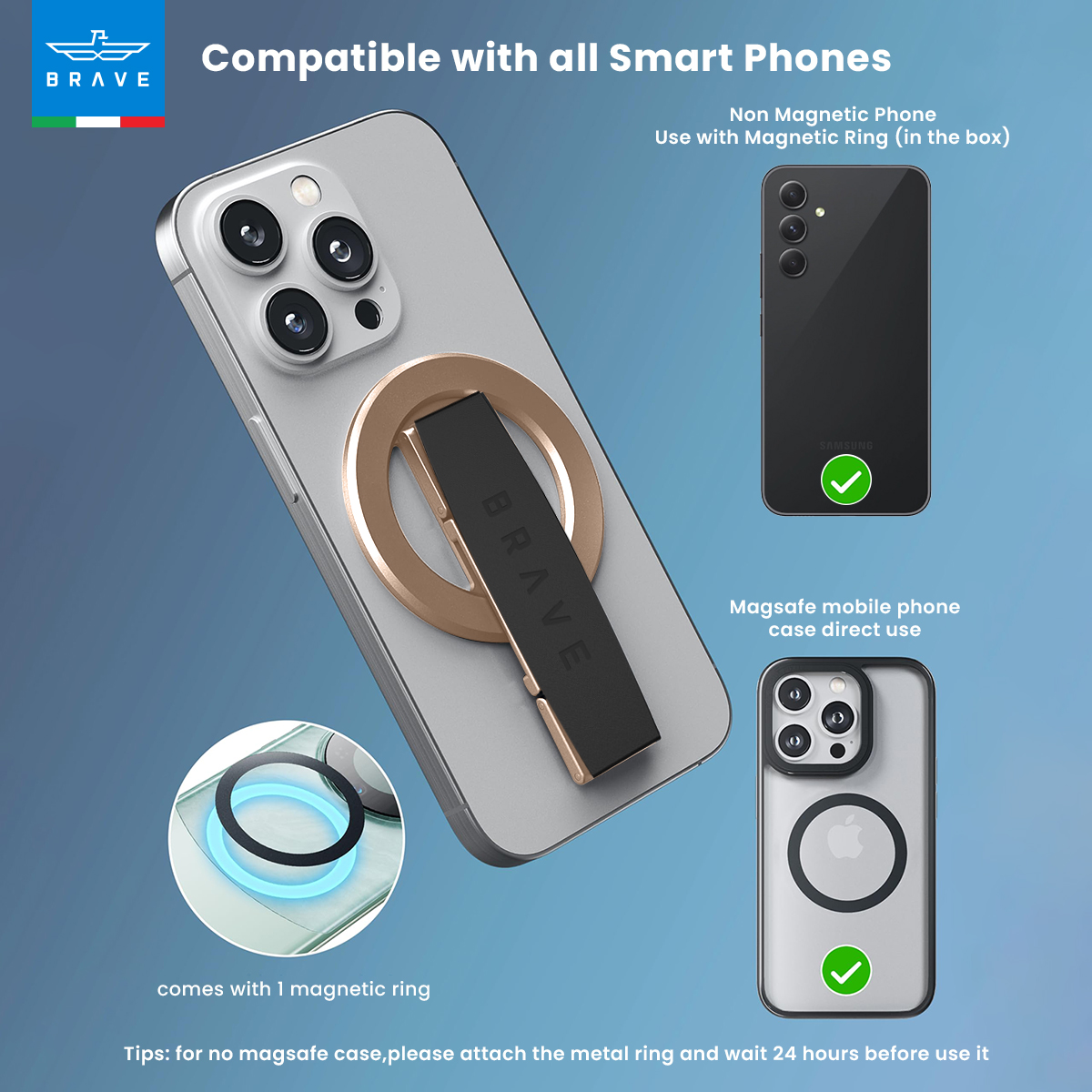 BRAVE MagGrip 3-in-1 Magnetic Phone Grip & Kickstand – 360° Rotatable, MagSafe Compatible, Universal Stand for iPhone & Android