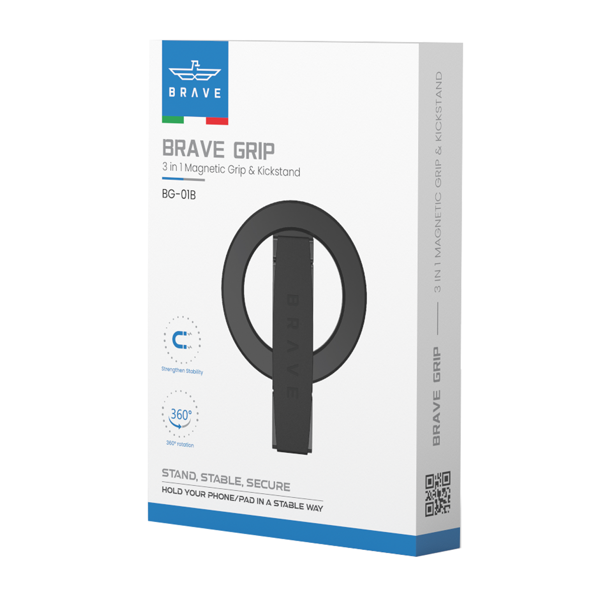 BRAVE MagLoop  360° Rotatable Magnetic Phone Grip & Kickstand, MagSafe Compatible, Adjustable Stand for iPhone & Android - Black