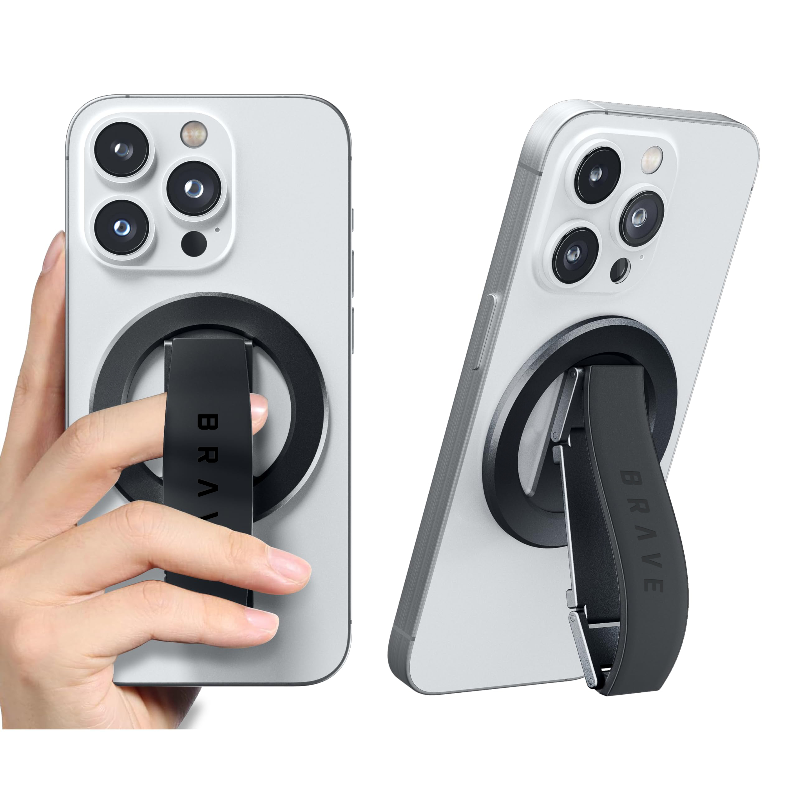 BRAVE MagLoop  360° Rotatable Magnetic Phone Grip & Kickstand, MagSafe Compatible, Adjustable Stand for iPhone & Android - Black