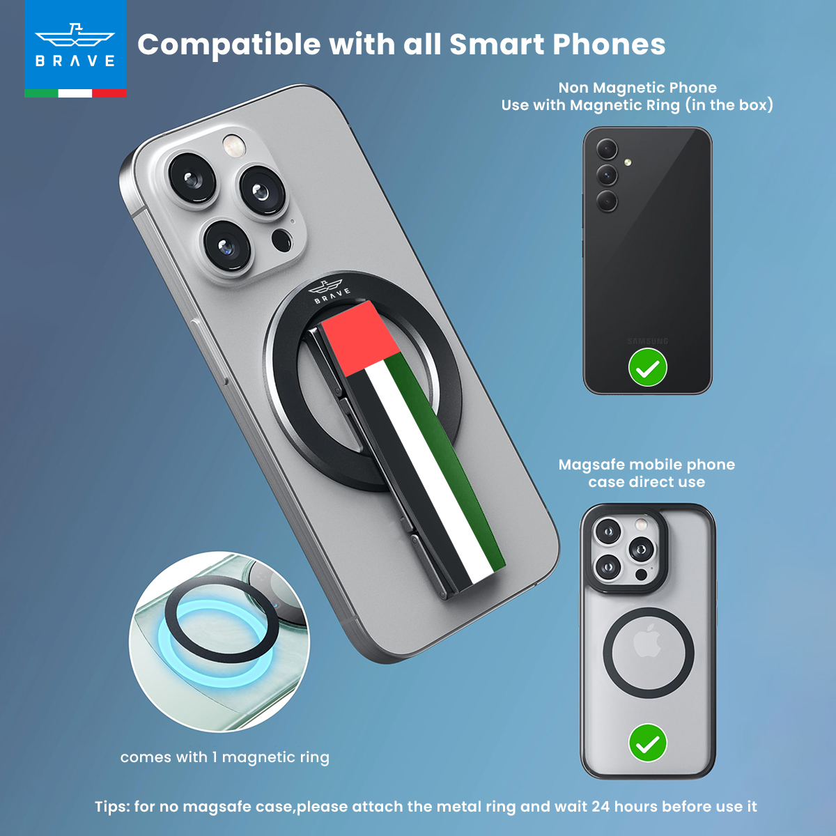 BRAVE UAE Flag MagSafe Phone Grip – 360° Rotatable Kickstand, Magnetic Ring Holder, Compatible with iPhone 12–15 Series