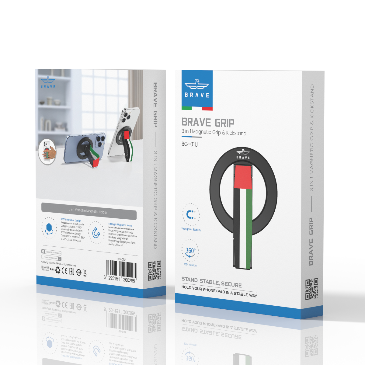 BRAVE UAE Flag MagSafe Phone Grip – 360° Rotatable Kickstand, Magnetic Ring Holder, Compatible with iPhone 12–15 Series