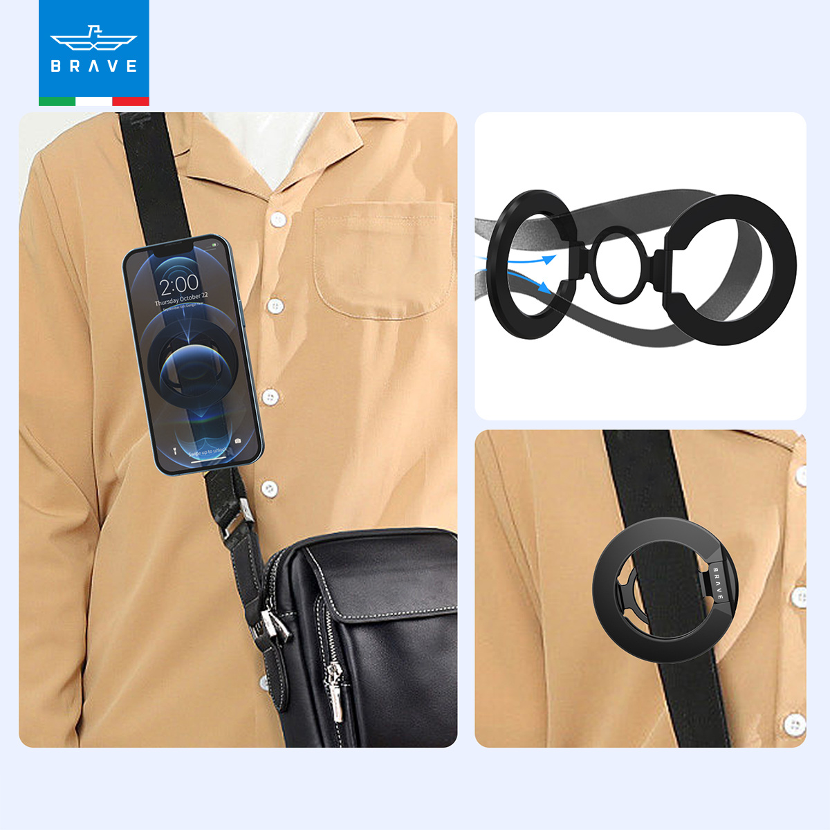 BRAVE MagGrip 3-in-1 Magnetic Ring Holder & Kickstand – 360° Rotatable, MagSafe Compatible, Universal Phone Grip Stand - Black