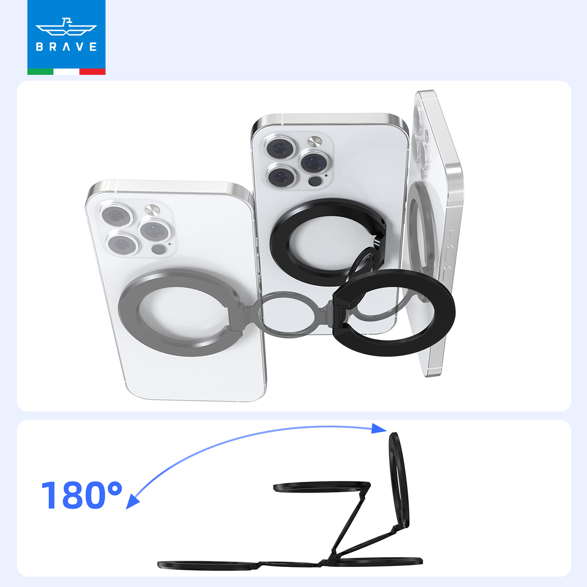 BRAVE MagGrip 3-in-1 Magnetic Ring Holder & Kickstand – 360° Rotatable, MagSafe Compatible, Universal Phone Grip Stand - Black