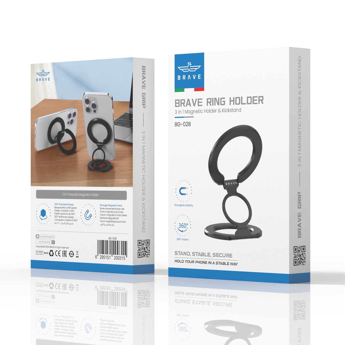 BRAVE MagGrip 3-in-1 Magnetic Ring Holder & Kickstand – 360° Rotatable, MagSafe Compatible, Universal Phone Grip Stand - Black