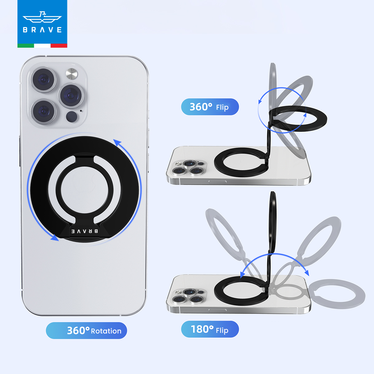 BRAVE MagGrip 3-in-1 Magnetic Ring Holder & Kickstand – 360° Rotatable, MagSafe Compatible, Universal Phone Grip Stand - Black