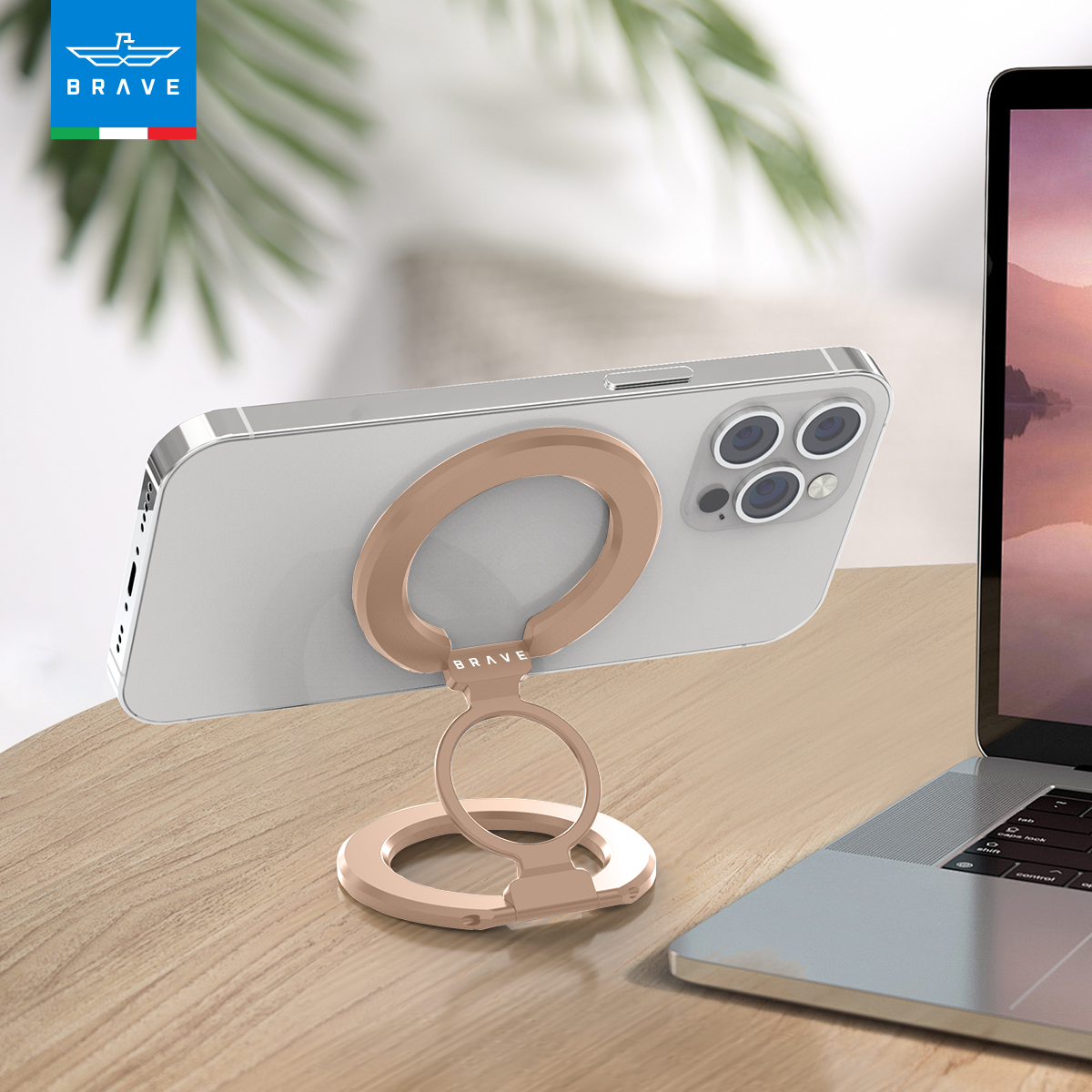 BRAVE MagGrip 3-in-1 Magnetic Ring Holder & Kickstand  – 360° Rotatable, MagSafe Compatible, Universal Phone Grip Stand  - Golden