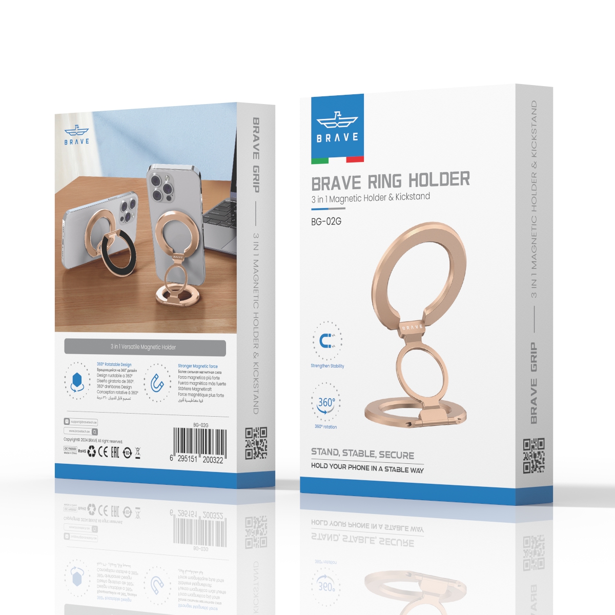 BRAVE MagGrip 3-in-1 Magnetic Ring Holder & Kickstand  – 360° Rotatable, MagSafe Compatible, Universal Phone Grip Stand  - Golden