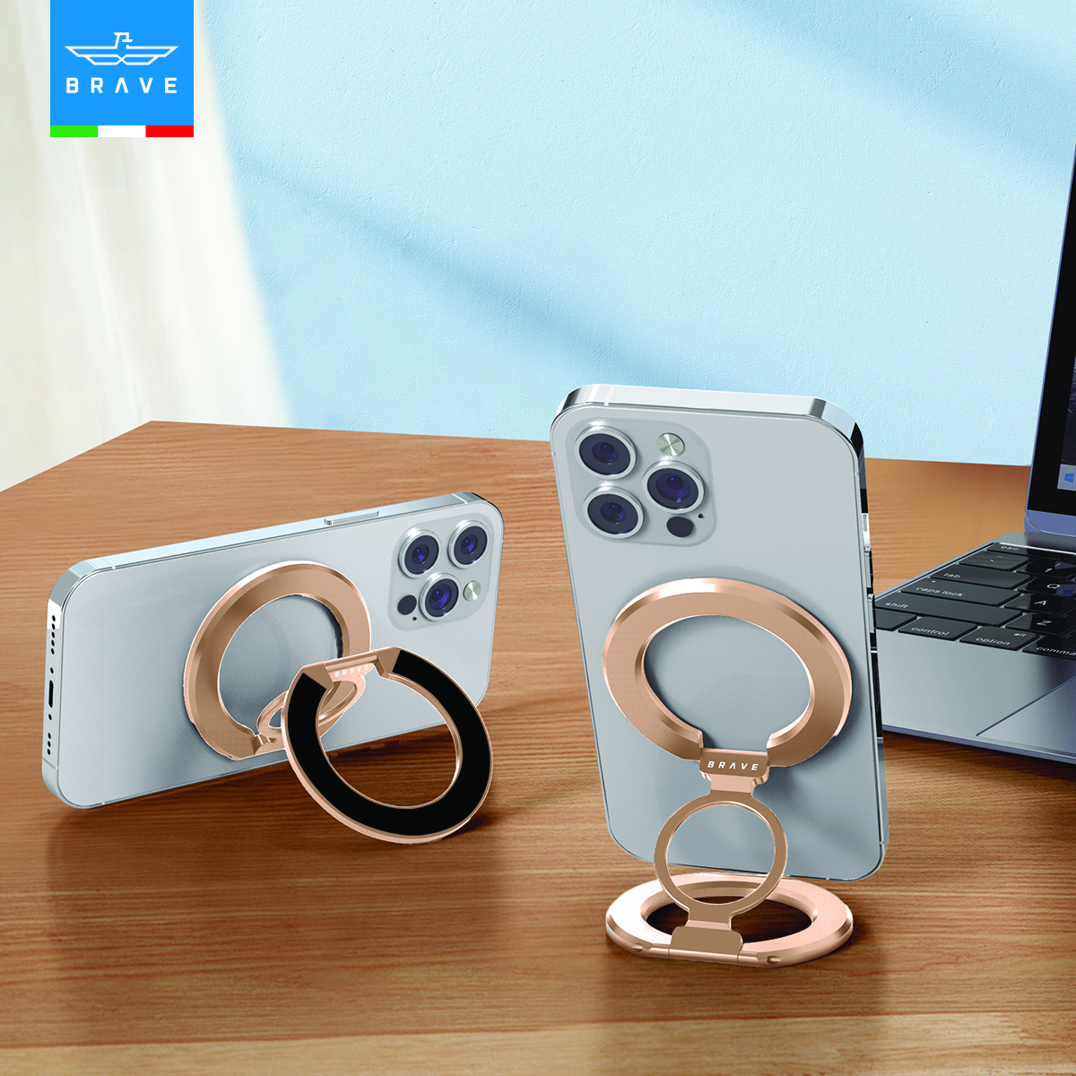 BRAVE MagGrip 3-in-1 Magnetic Ring Holder & Kickstand  – 360° Rotatable, MagSafe Compatible, Universal Phone Grip Stand  - Golden