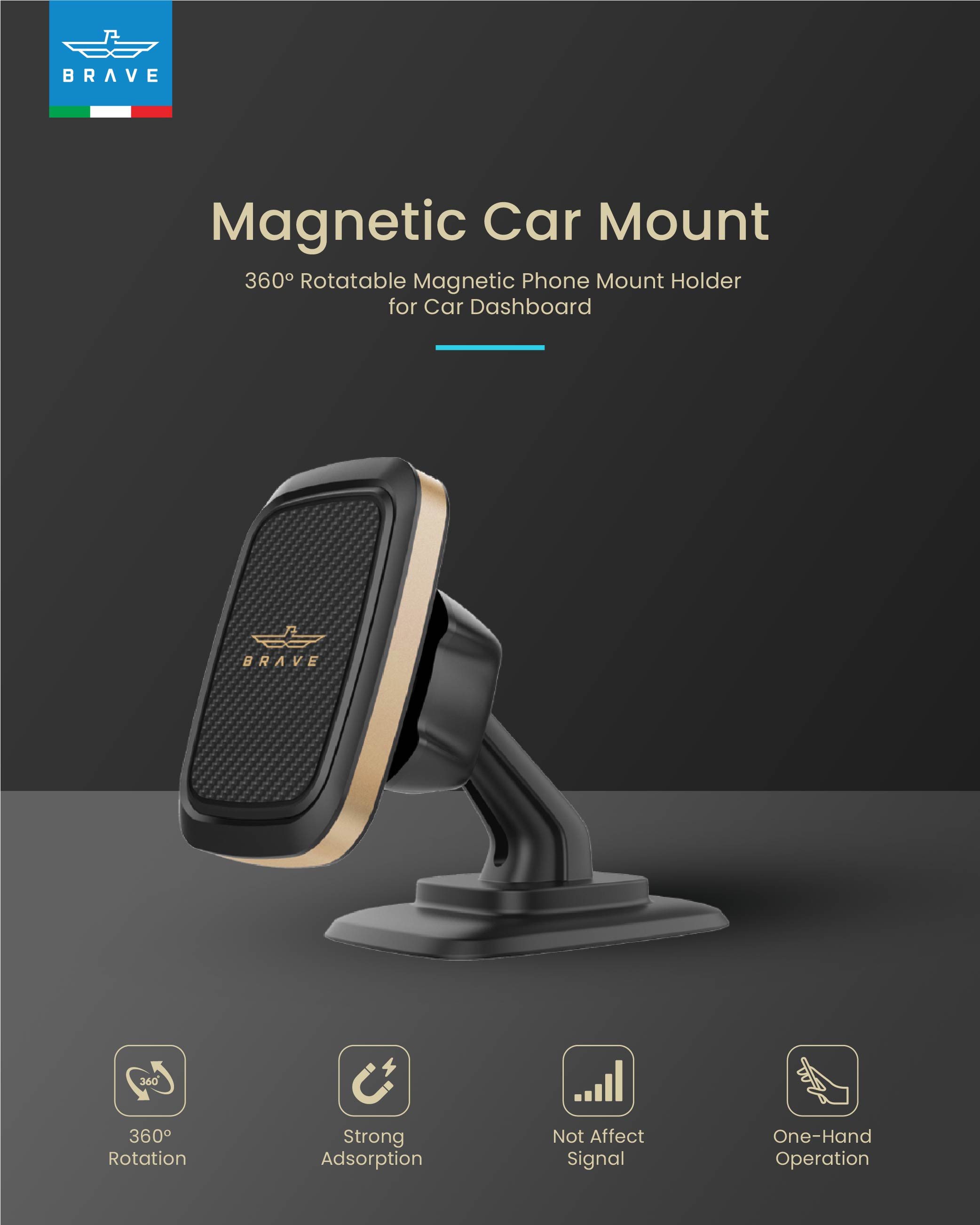 BRAVE Magnetic Car Mount – 360° Rotation, Universal Fit, Strong Adhesive