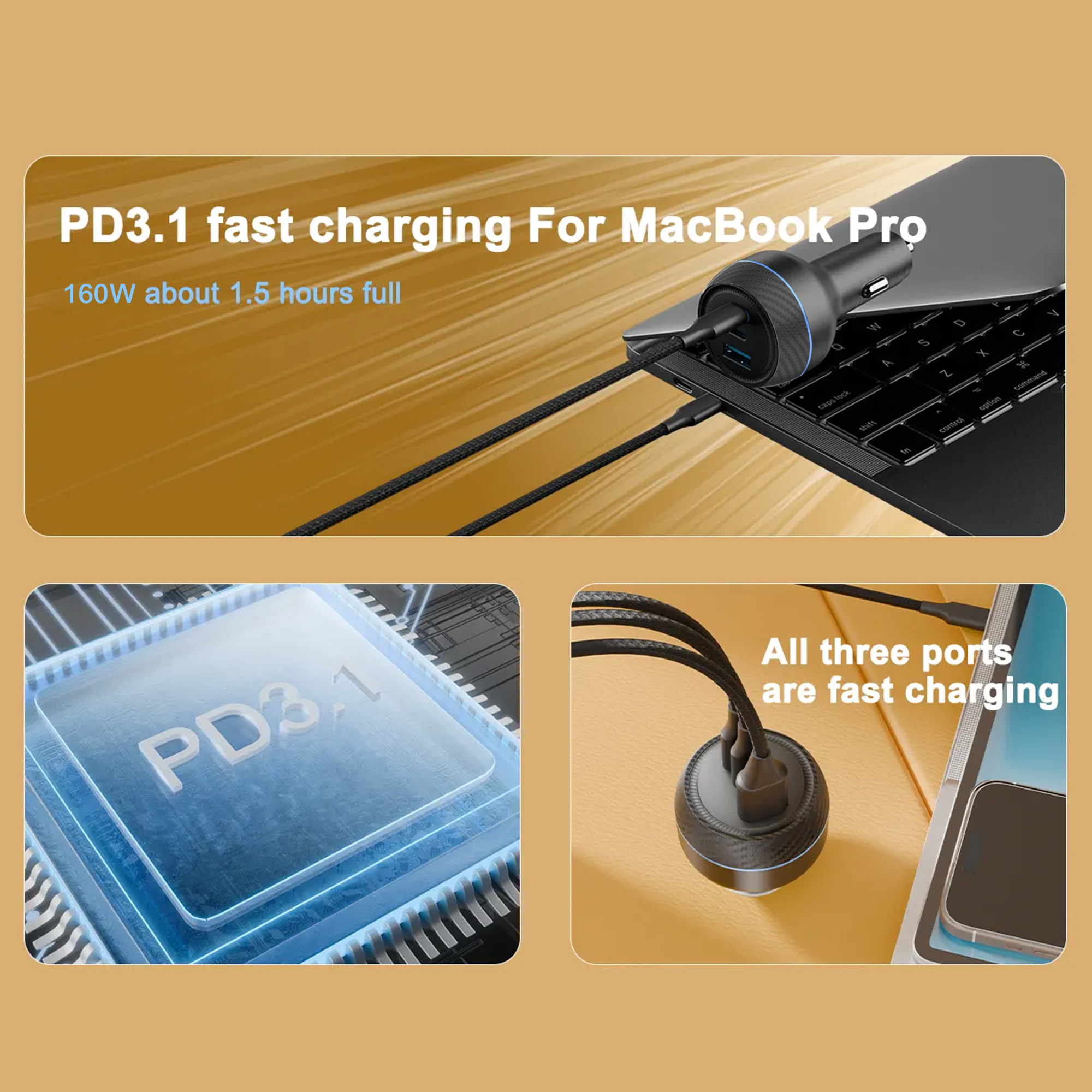 BRAVE 160W USB-C Car Charger BCC-25 – 3-Port Fast Charger with 100W Cable - Black