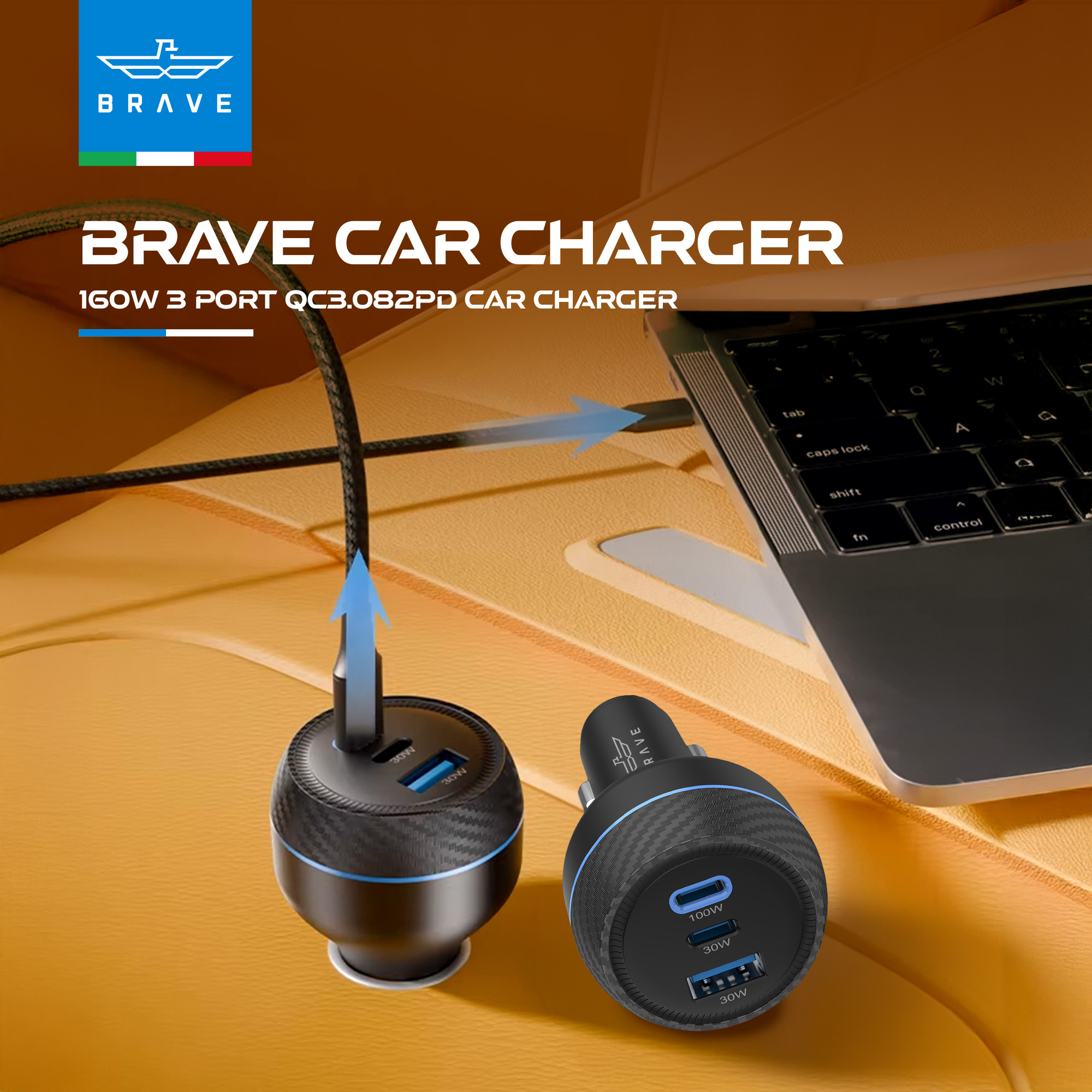 BRAVE 160W USB-C Car Charger BCC-25 – 3-Port Fast Charger with 100W Cable - Black