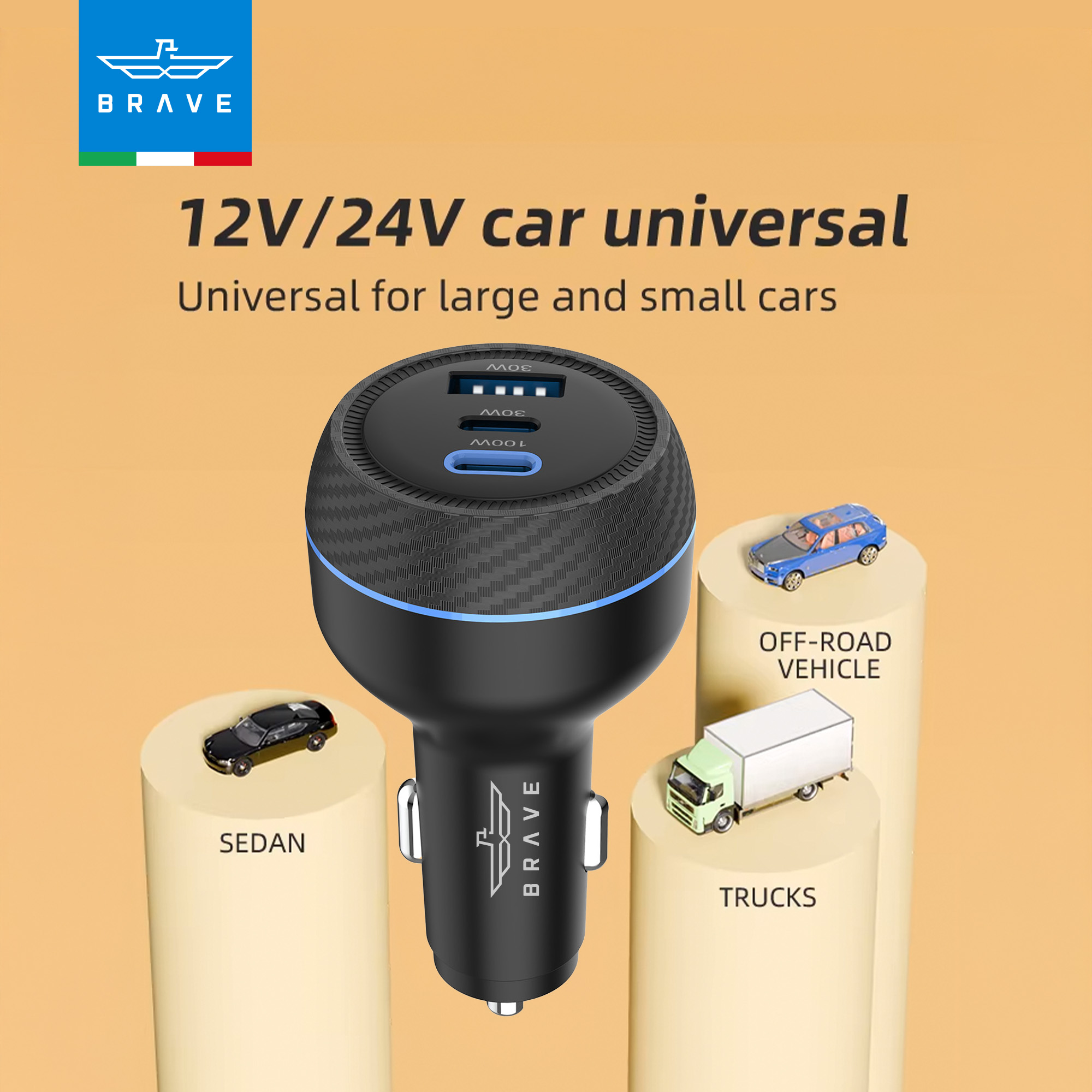 BRAVE 160W USB-C Car Charger BCC-25 – 3-Port Fast Charger with 100W Cable - Black