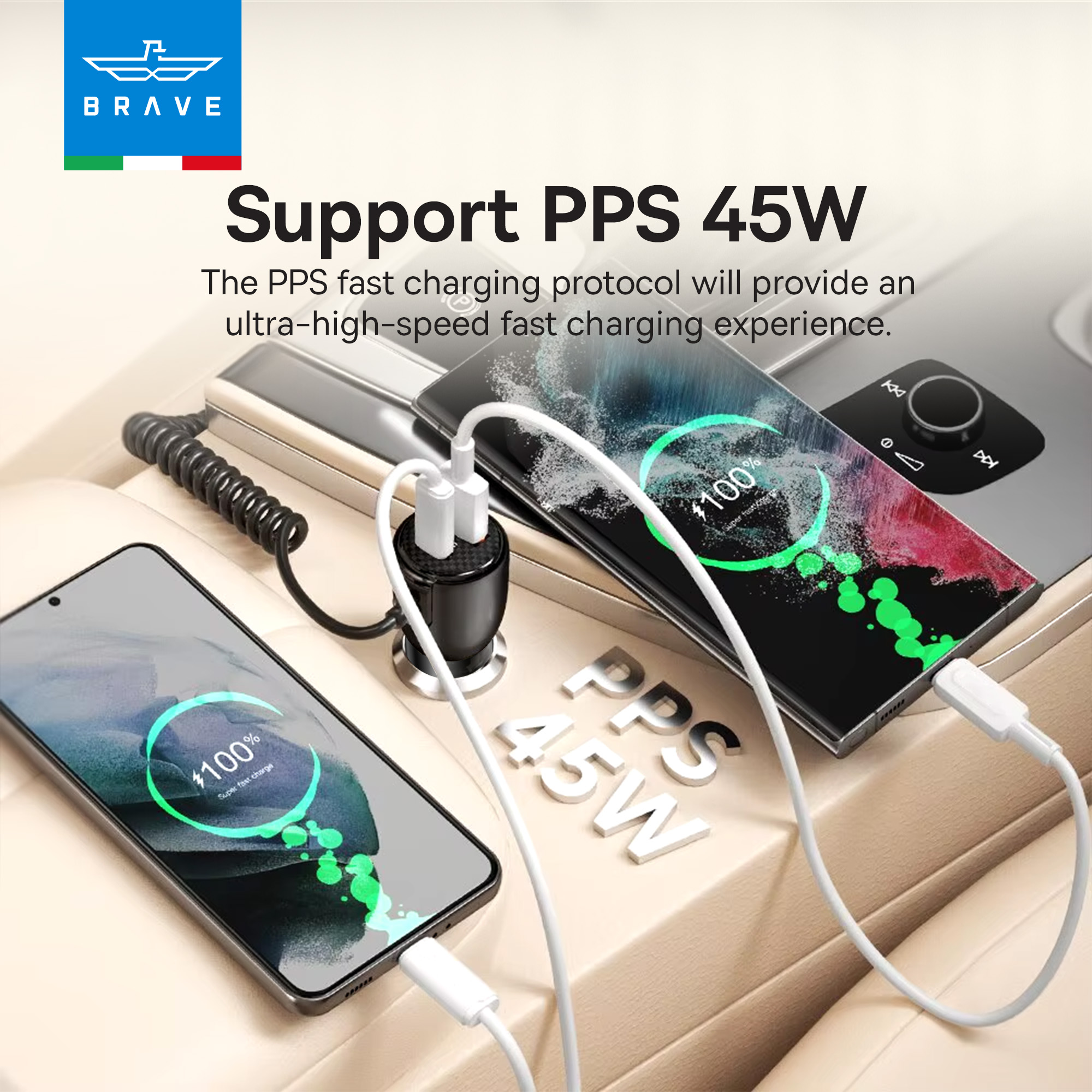 BRAVE BCC-27 110W Car Charger with Dual USB-C and USB A Port  for iPhone, Android, Laptops - Black