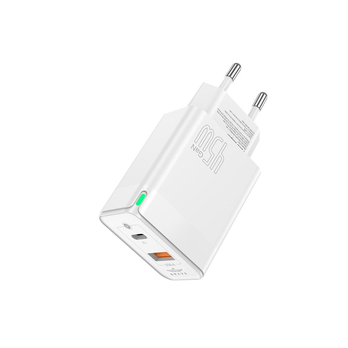 BRAVE BTC-25 45W GaN Fast Charger - Dual Port PD 3.0 Type-C + USB-A, EU Plug, With Type-C to Lightning Cable - White