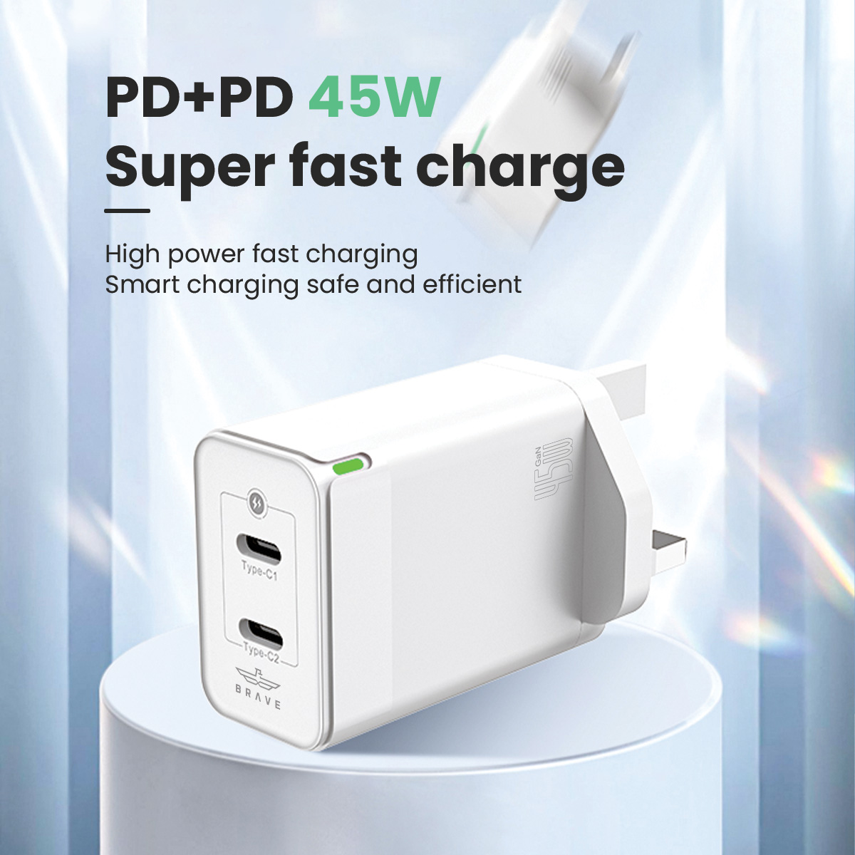 BRAVE BTC-24 45W GaN Dual Type-C Fast Wall Charger - UK Plug, With Type-C to Lightning Cable - White