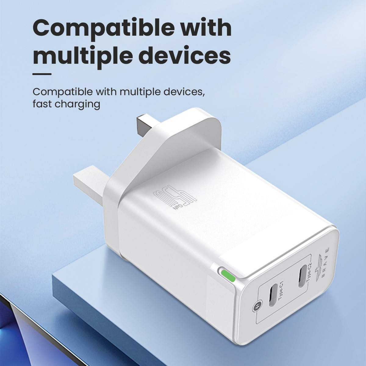 BRAVE BTC-24 45W GaN Dual Type-C Fast Wall Charger - UK Plug, With Type-C to Lightning Cable - White