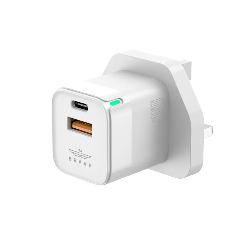 BRAVE BTC-27 GaN Series Dual-Port Wall Charger – 30W PD USB-C + QC3.0 USB-A - White