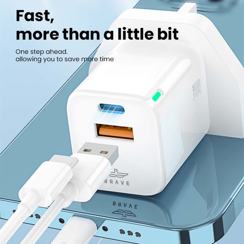 BRAVE BTC-27 GaN Series Dual-Port Wall Charger – 30W PD USB-C + QC3.0 USB-A - White