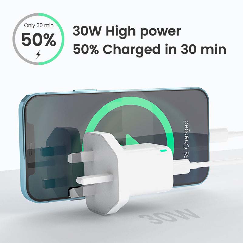 BRAVE BTC-27 GaN Series Dual-Port Wall Charger – 30W PD USB-C + QC3.0 USB-A - White