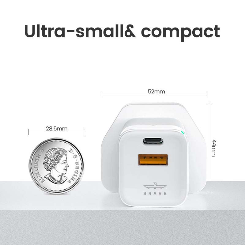 BRAVE BTC-27 GaN Series Dual-Port Wall Charger – 30W PD USB-C + QC3.0 USB-A - White