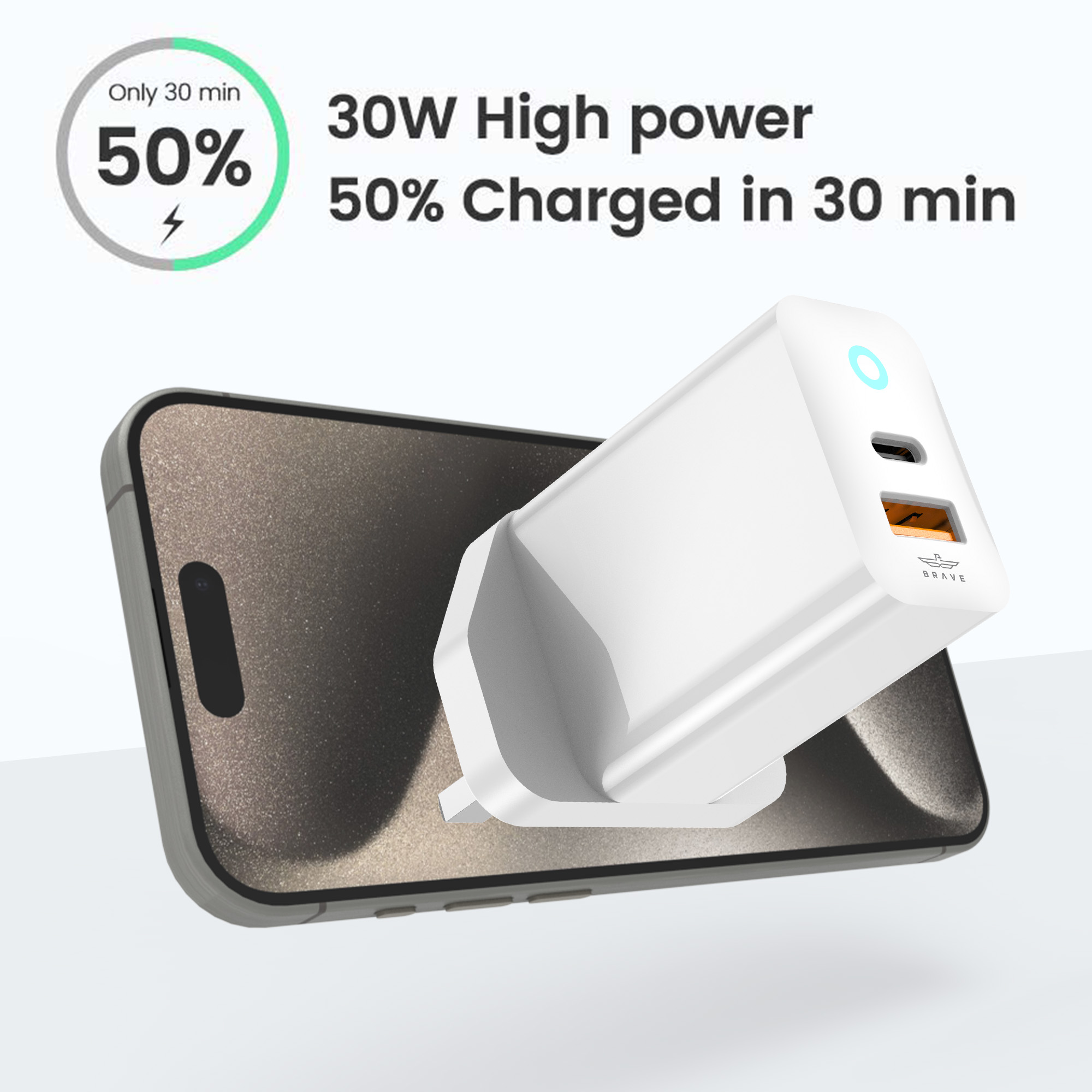 BRAVE BTC-29 30W PD GaN Wall Charger with USB-C & USB-A Ports + 60W USB-C to USB-C Cable - White