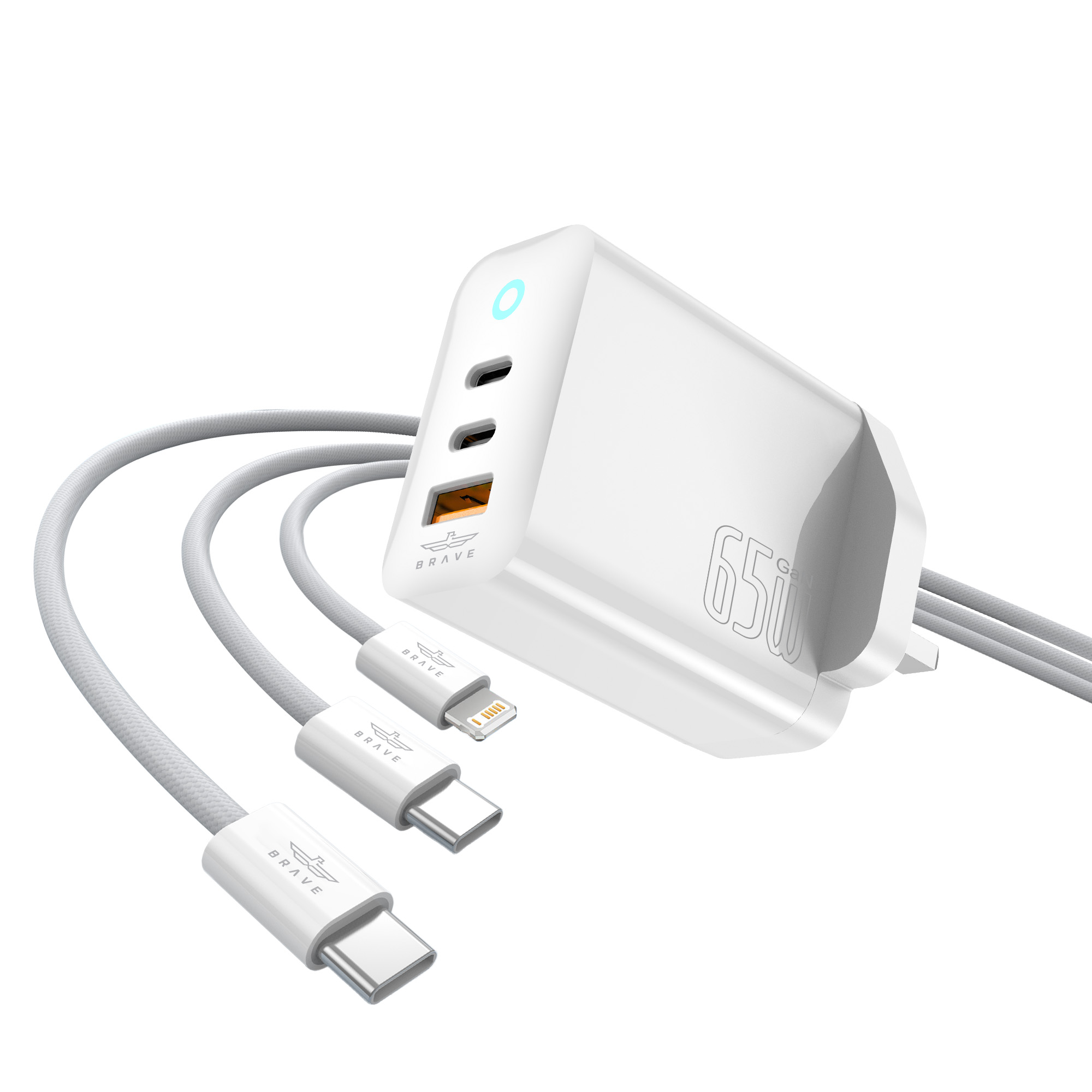 BRAVE BTC-35 65W GaN USB-C Fast Charger with Power Delivery & Quick Charge – 2 USB-C & 1 USB-A Ports -White